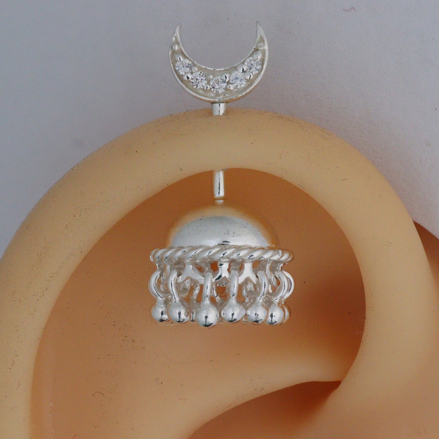 SILVER JHUMKA WITH MOON STONE TOP BUGADI