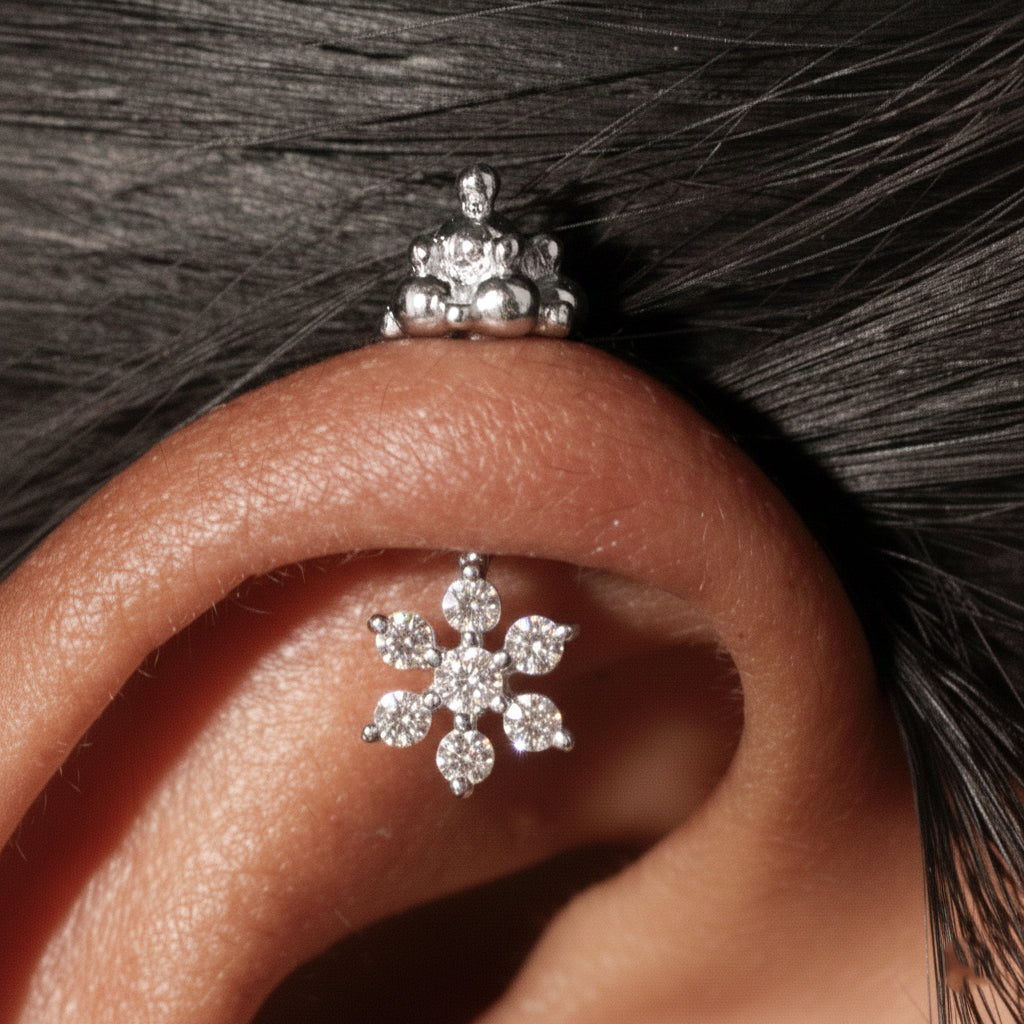 SILVER 7 STONE FLOWER WITH GOPURAM TOP BUGADI