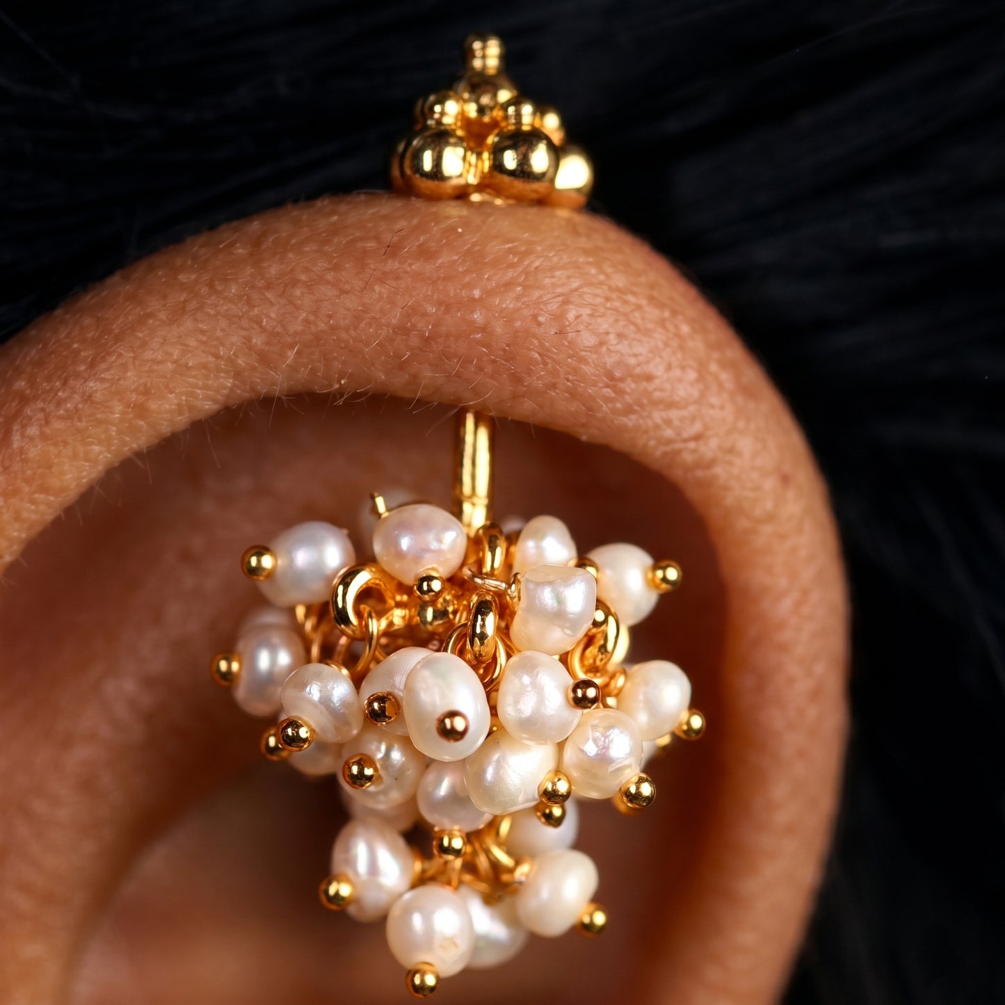 Silver Pearl Bunch Jhumka With Gopuram top Design