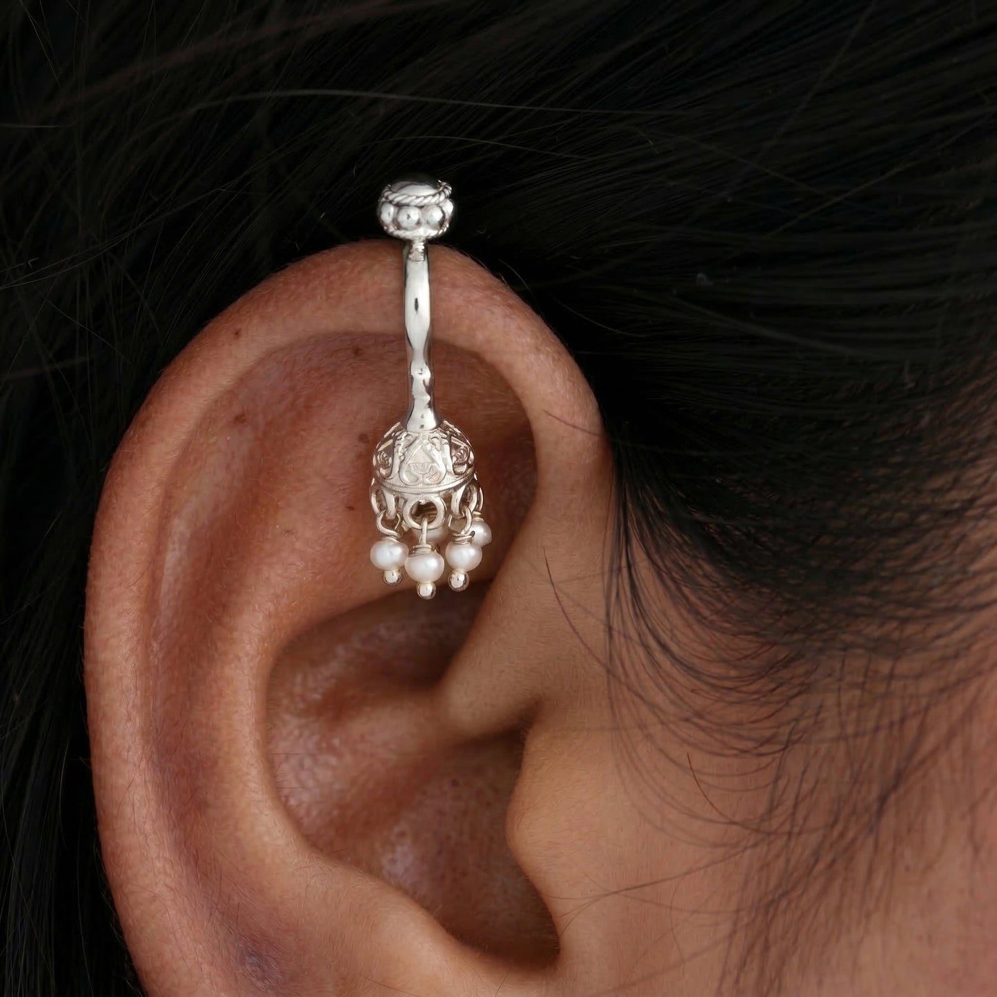 Silver Jhumka Clipon Bugadi With Pearl Gold Plated