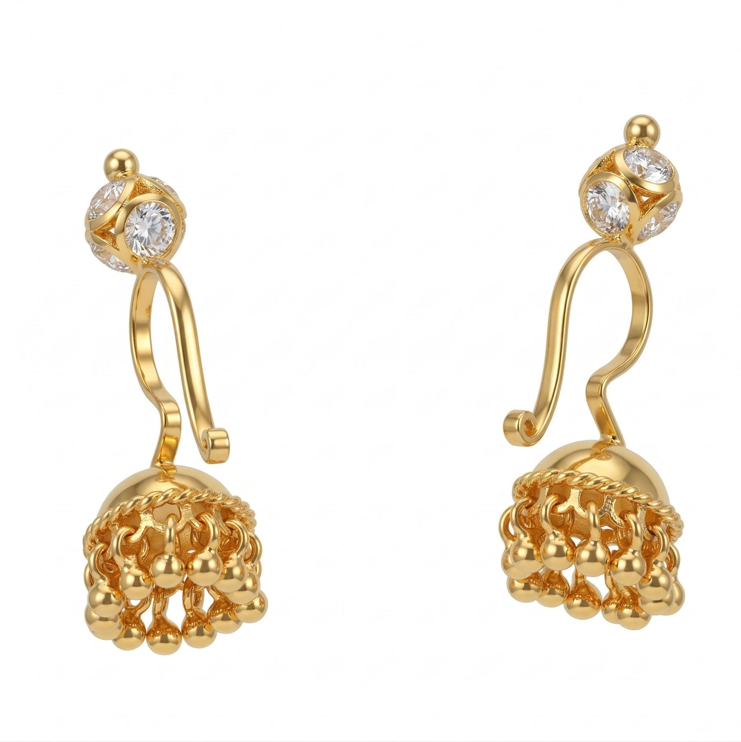 Silver Bugadi Jhumka Stone Ball Bead Top Gold Diamond Design