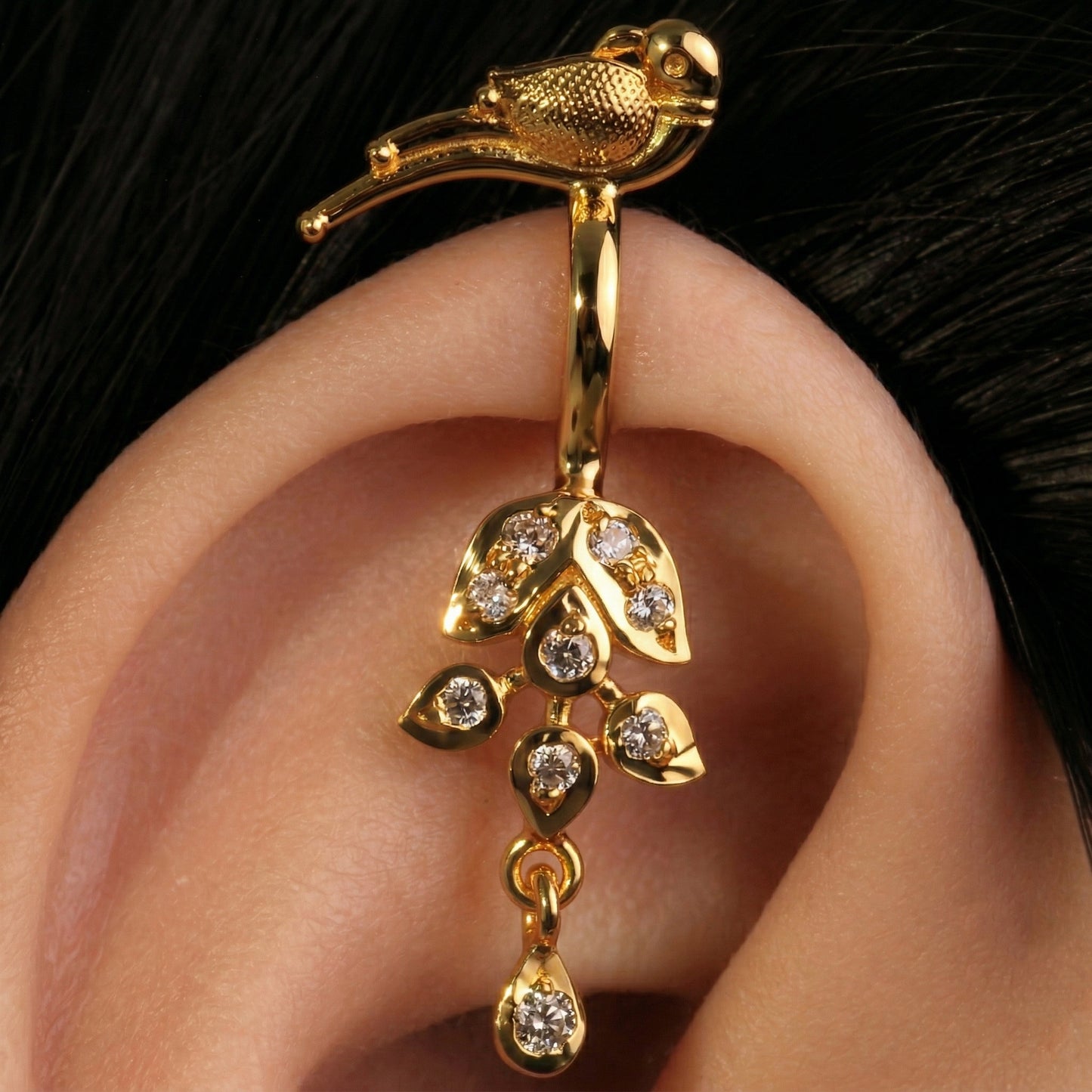 Silver Bugadi Flower Leaf Parrot Top & Drop Clip On Gold Diamond Design