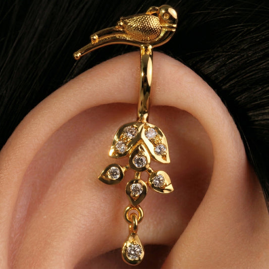 Silver Bugadi Flower Leaf Parrot Top & Drop Clip On Gold Diamond Design