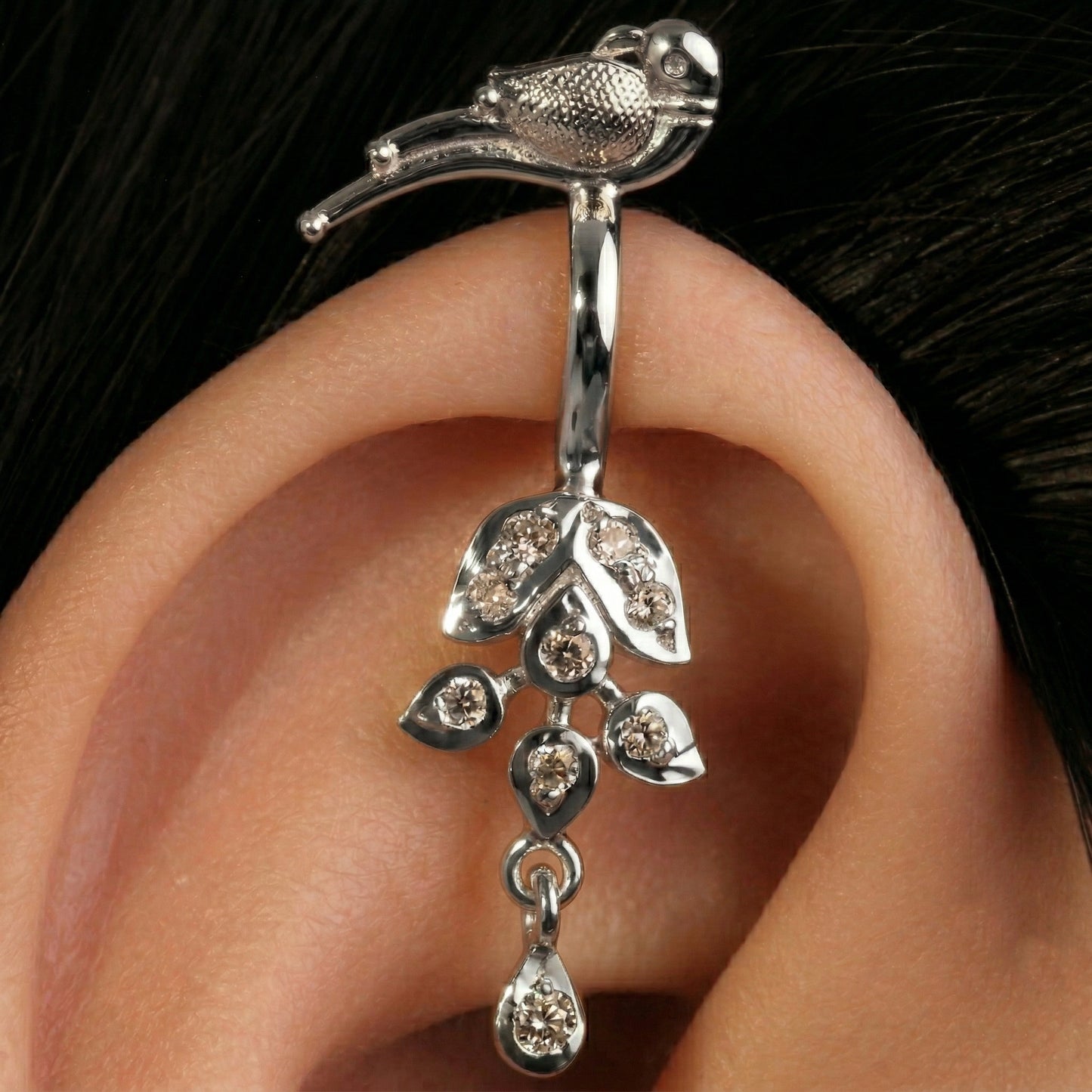 Silver Bugadi Flower Leaf Parrot Top & Drop Clip On Gold Diamond Design