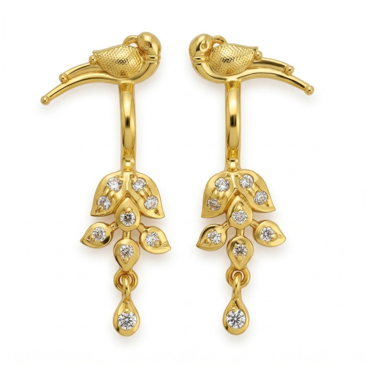 Silver Bugadi Flower Leaf Parrot Top & Drop Clip On Gold Diamond Design