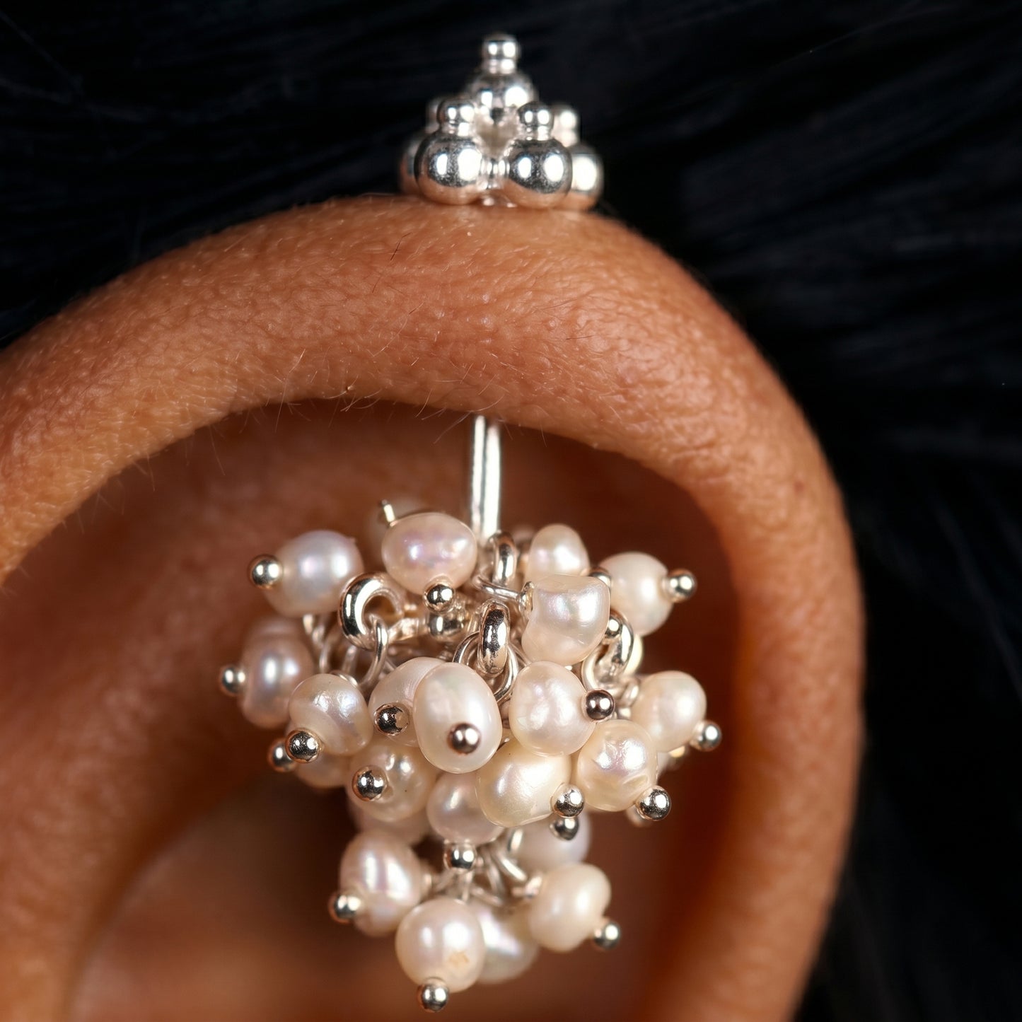 Silver Pearl Bunch Jhumka With Gopuram top Design