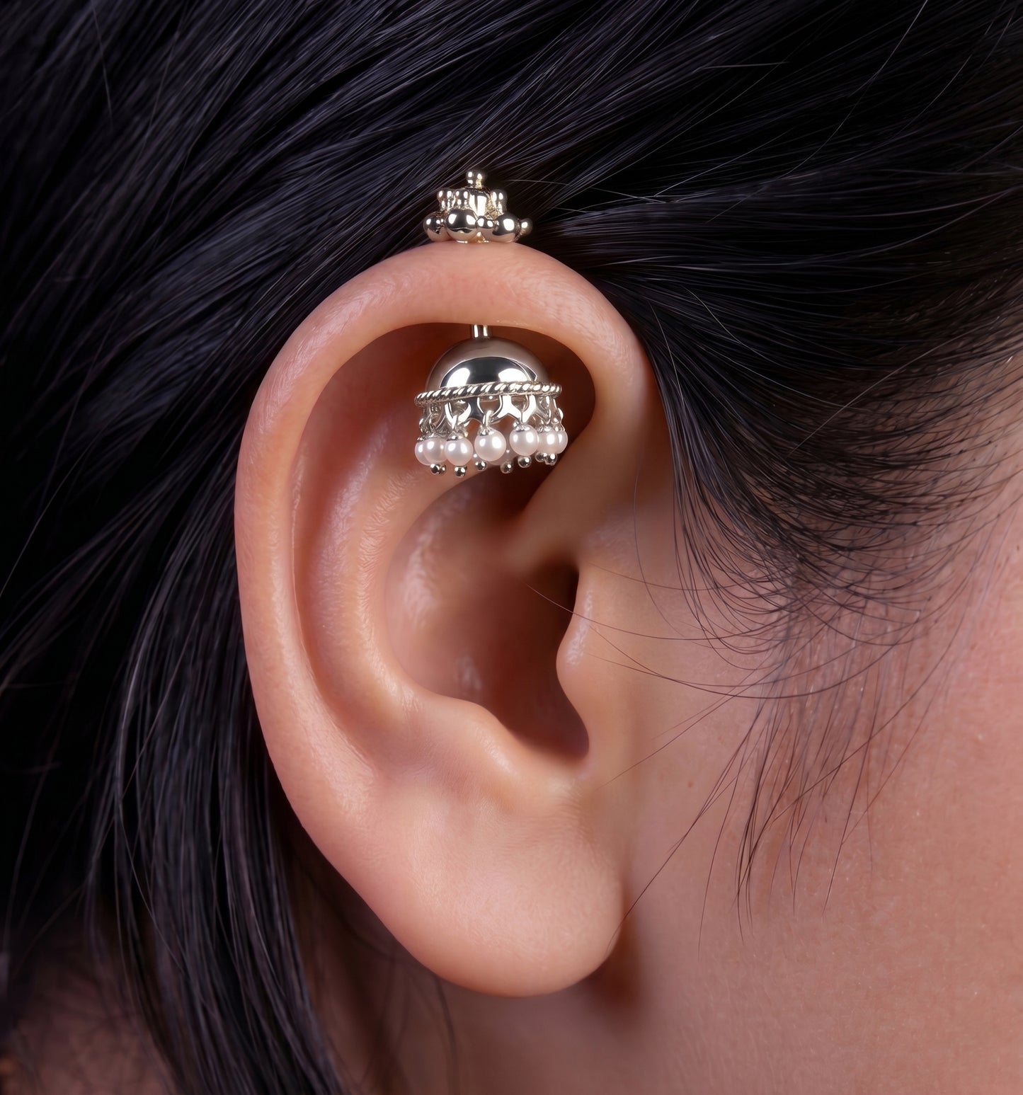 Silver Bugadi Jhumka Pearl Gopuram Top Design