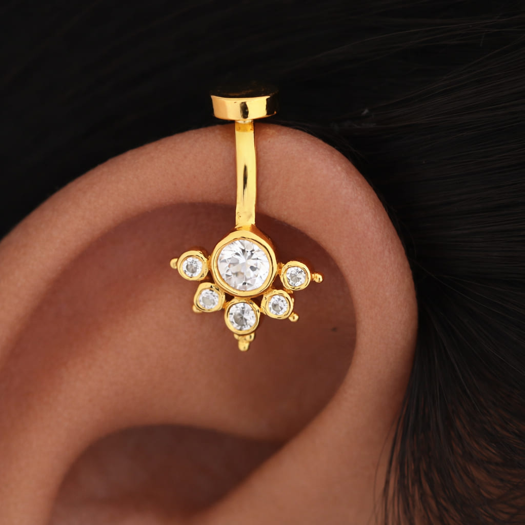 Silver Bugadi 6 Stone Mookuthi Flat Top Clipon Gold Diamond Design