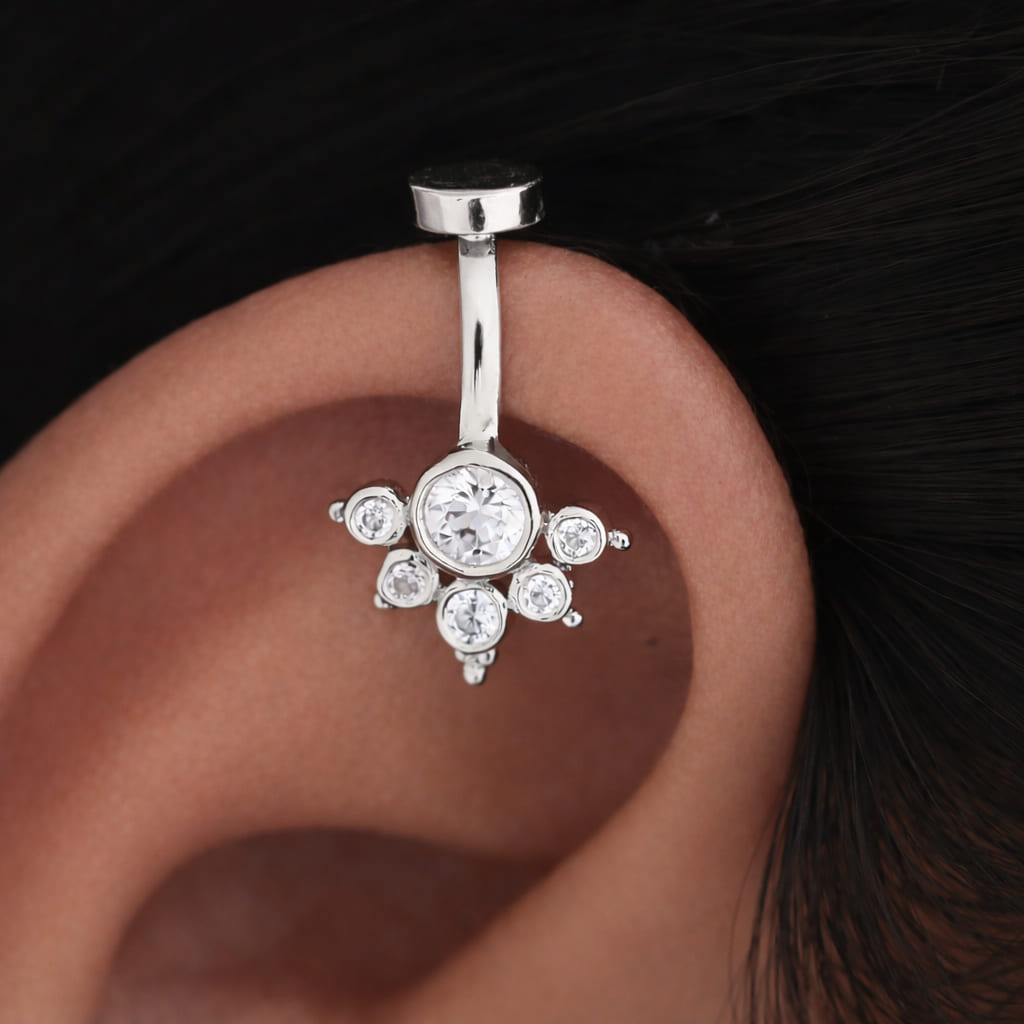 Silver Bugadi 6 Stone Mookuthi Flat Top Clipon Gold Diamond Design