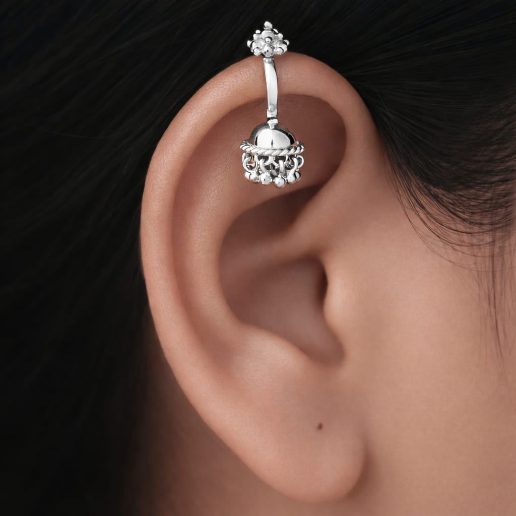 Silver Jhumka Clipon Gold Bugadi With Gopuram Top