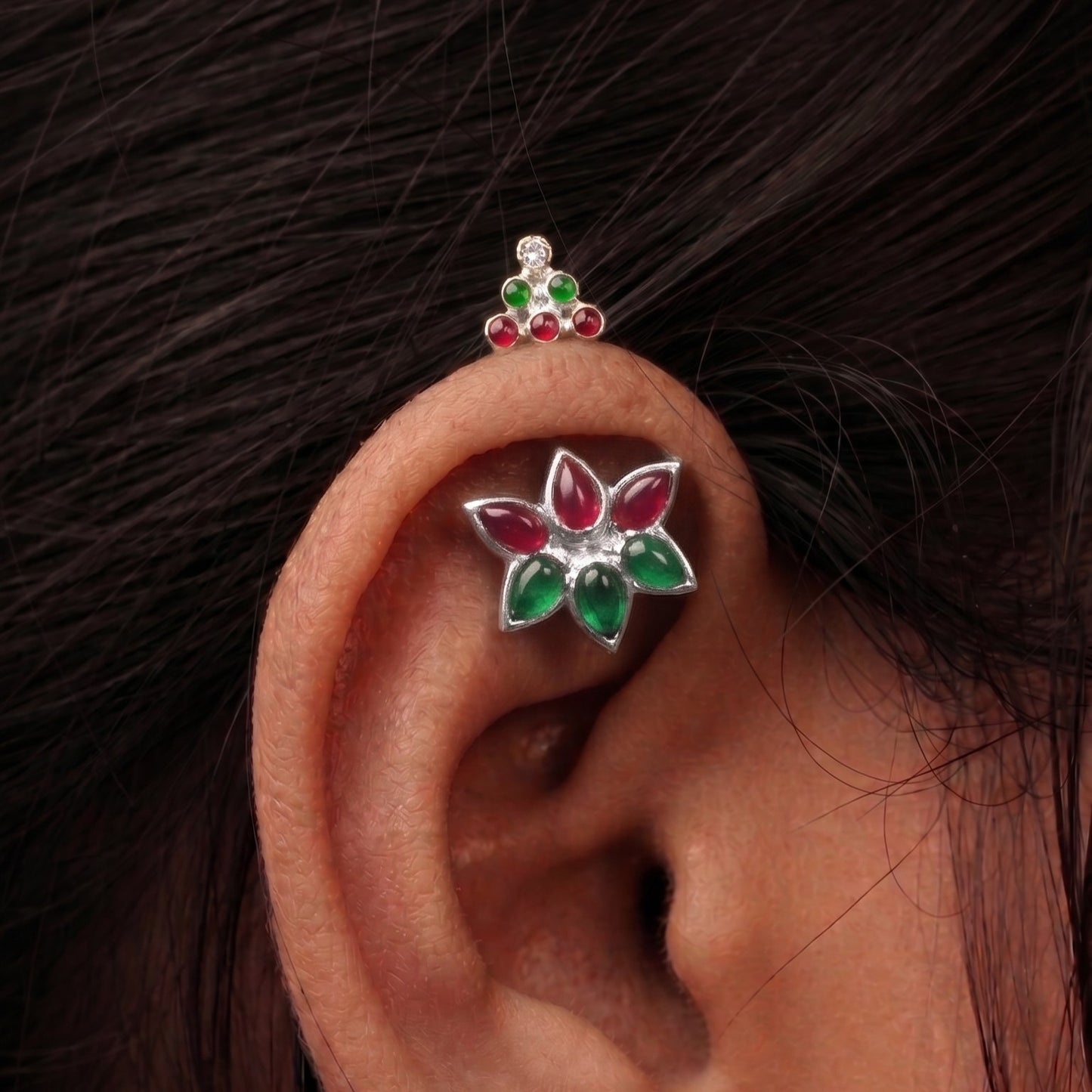 Silver Bugadi Kemp Lotus Temple Top Gold Ruby Red Emerald Green Design