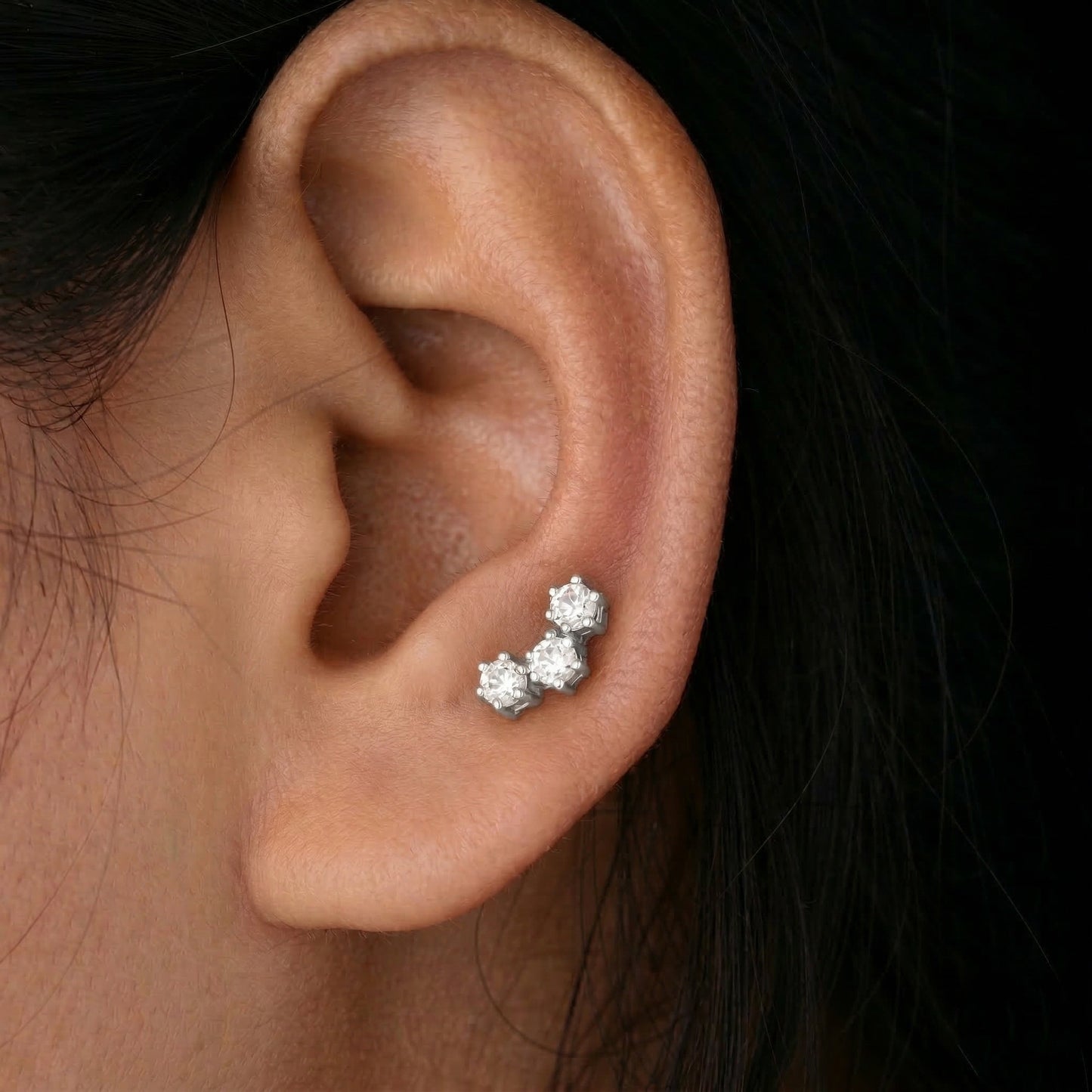 Silver 3 Stone Curved Arc Crawler Stud Earrings
