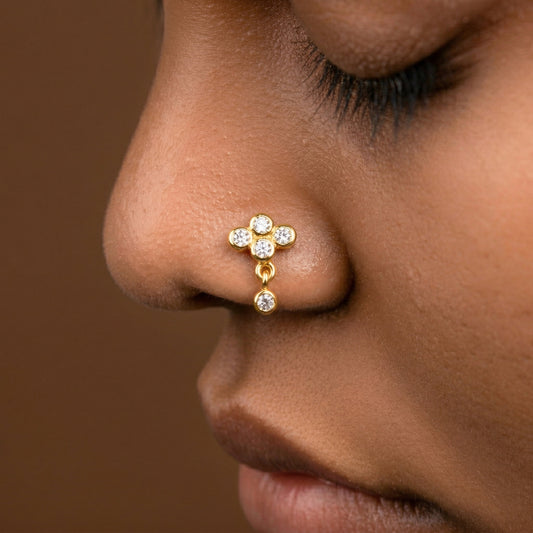 Silver 4 Stone Floral Dangle Nosepin