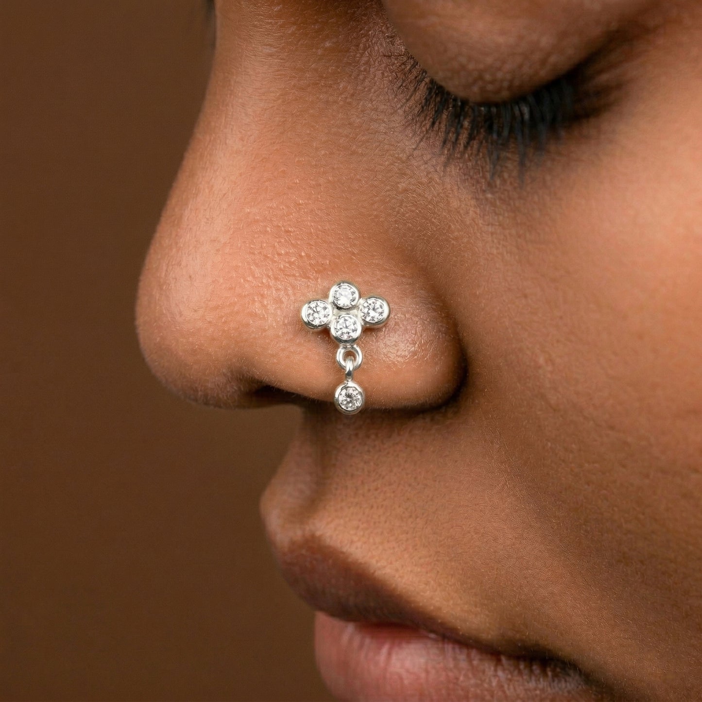 Silver 4 Stone Floral Dangle Nosepin