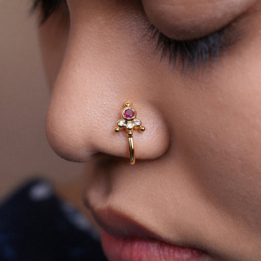 Silver 4 Stone Mookuthi Red & White Clipon Nosepin