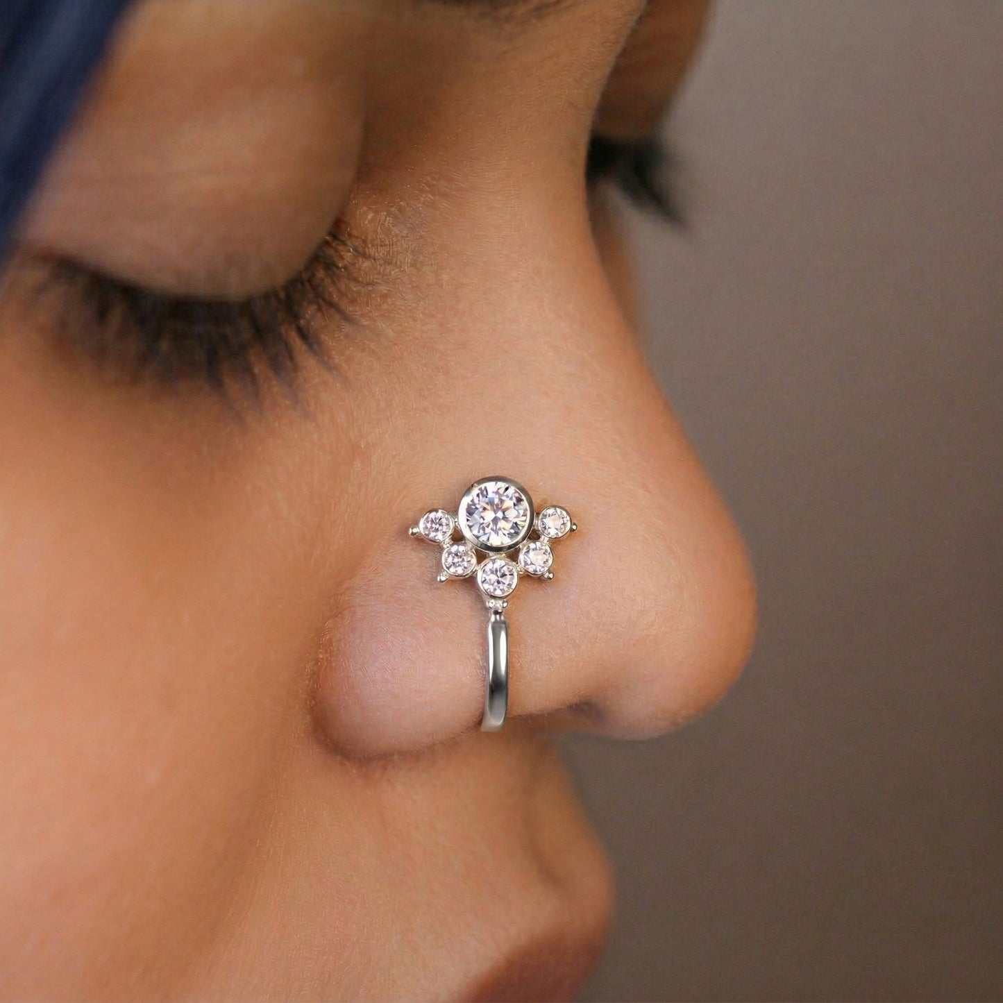 Silver 6 Stone Mookuthi Crystal Clipon Nosepin