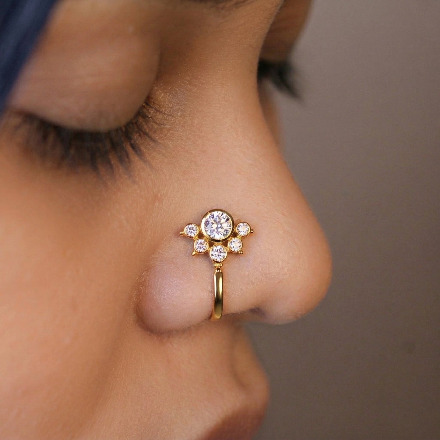 Silver 6 Stone Mookuthi Crystal Clipon Nosepin