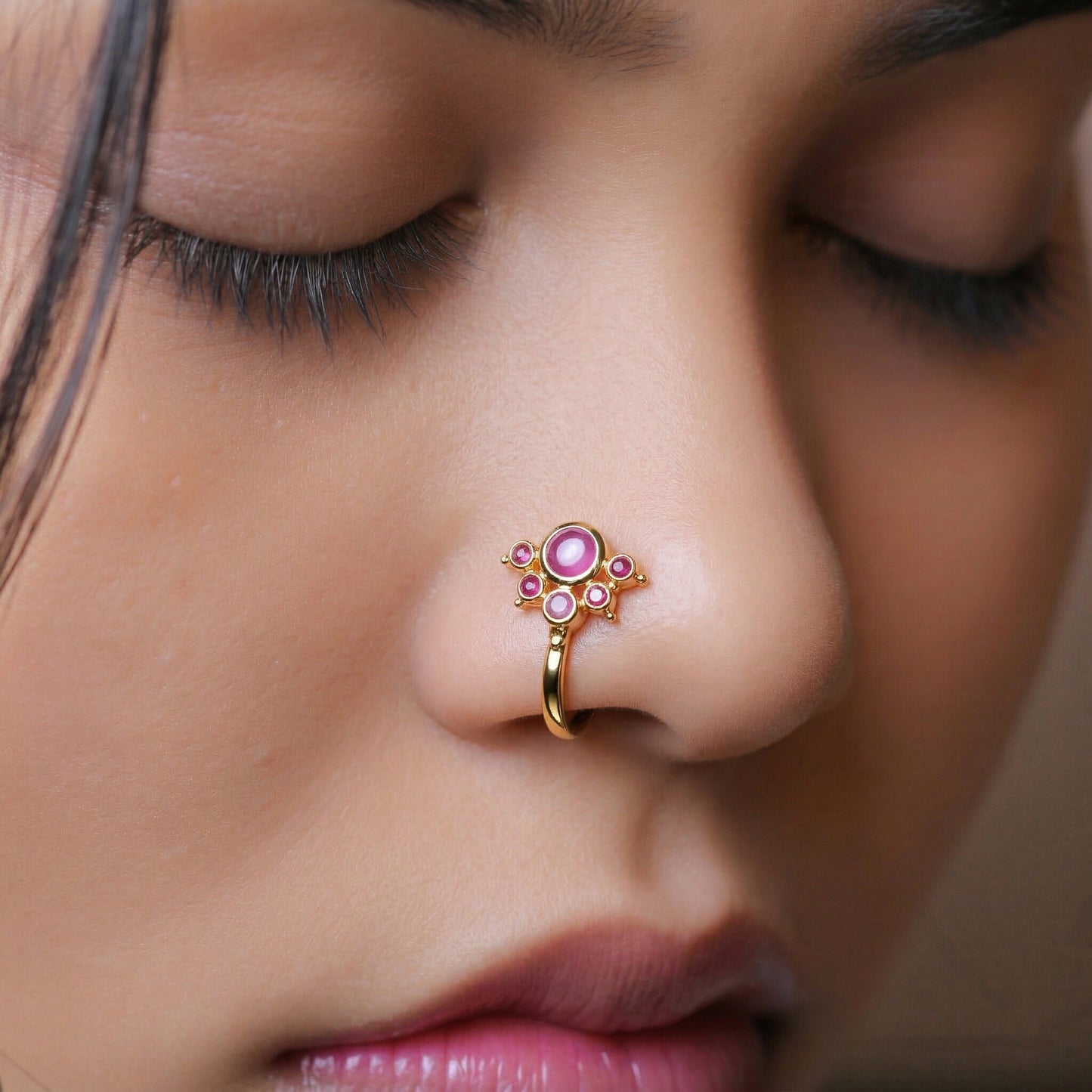 Silver 6 Stone Mookuthi Ruby Red Clipon Nosepin