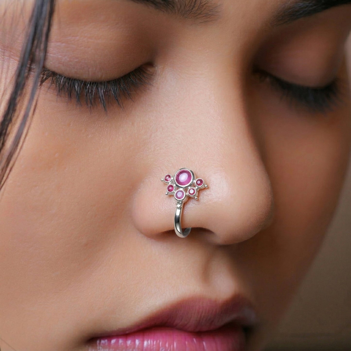 Silver 6 Stone Mookuthi Ruby Red Clipon Nosepin