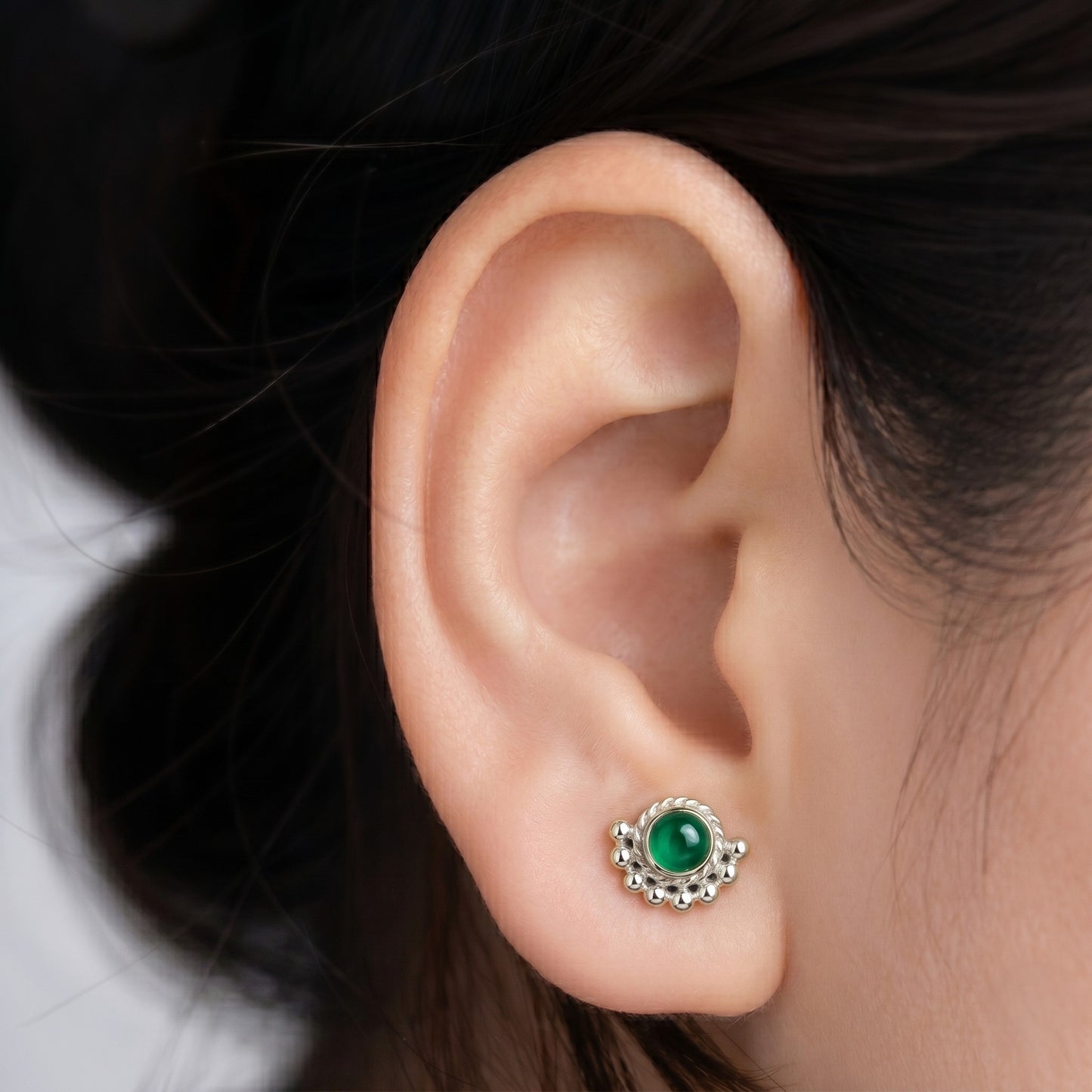 Silver Beaded Moon Earring