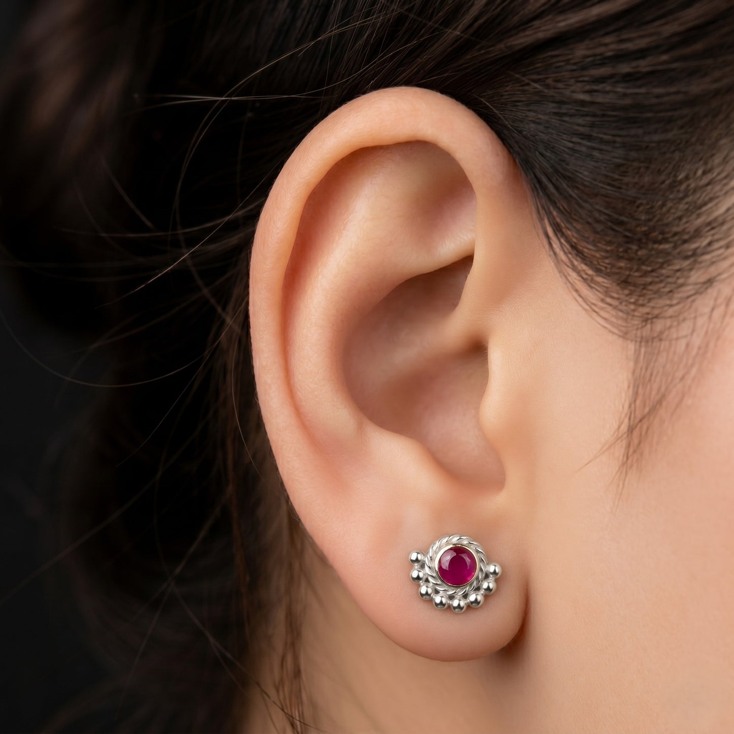 Silver Beaded Moon Earring