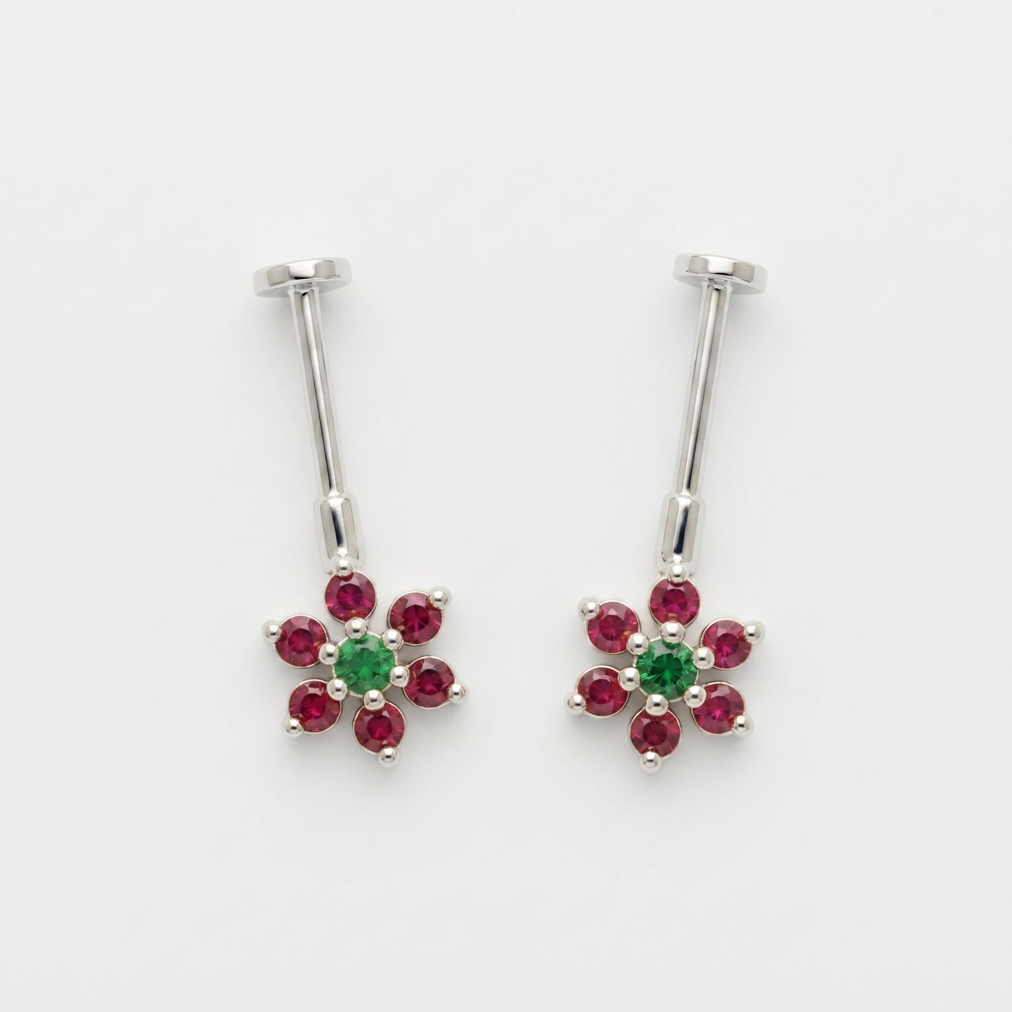 Silver Bigadi 7 Stone Flower Flat Top Emerald Green Ruby Red Design