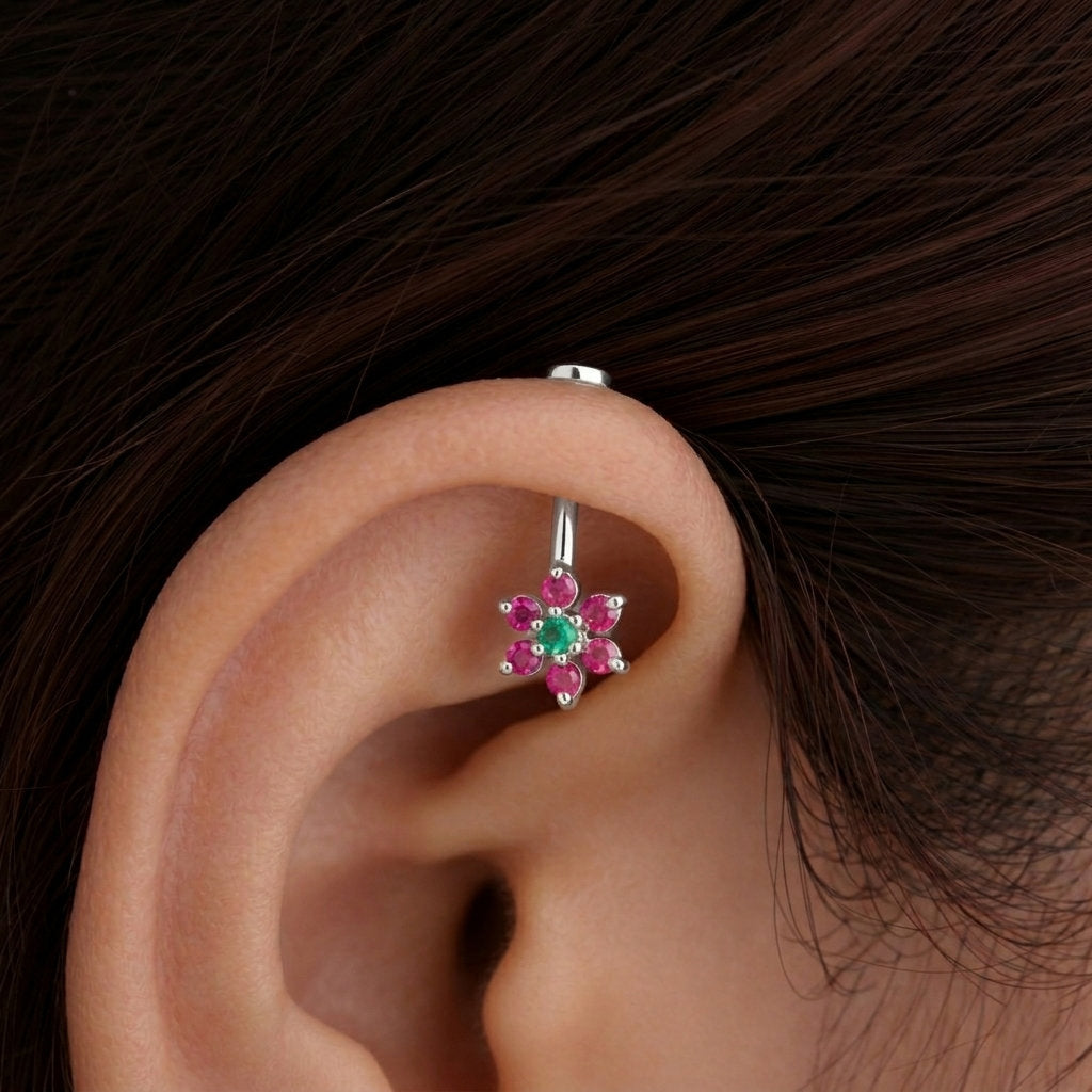Silver Bigadi 7 Stone Flower Flat Top Emerald Green Ruby Red Design