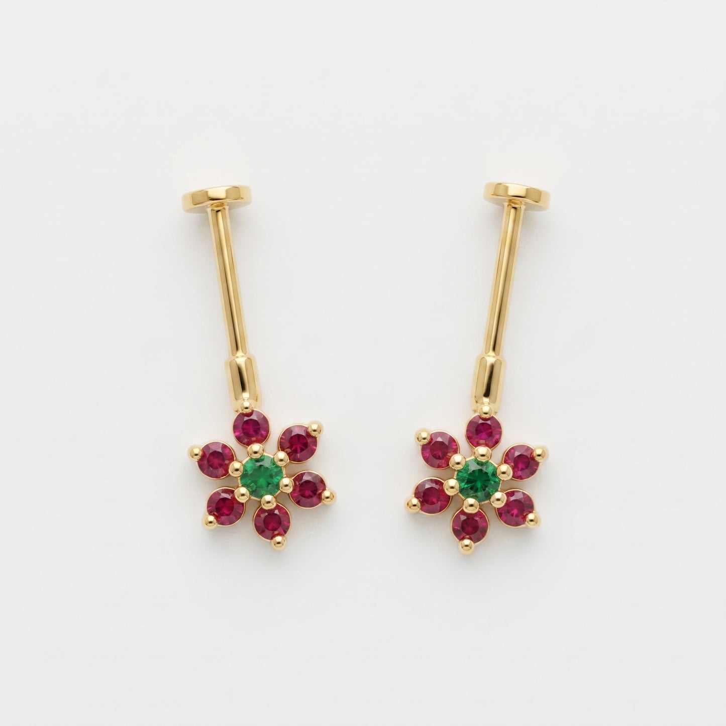 Silver Bigadi 7 Stone Flower Flat Top Emerald Green Ruby Red Design