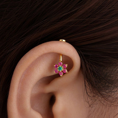Silver Bigadi 7 Stone Flower Flat Top Emerald Green Ruby Red Design