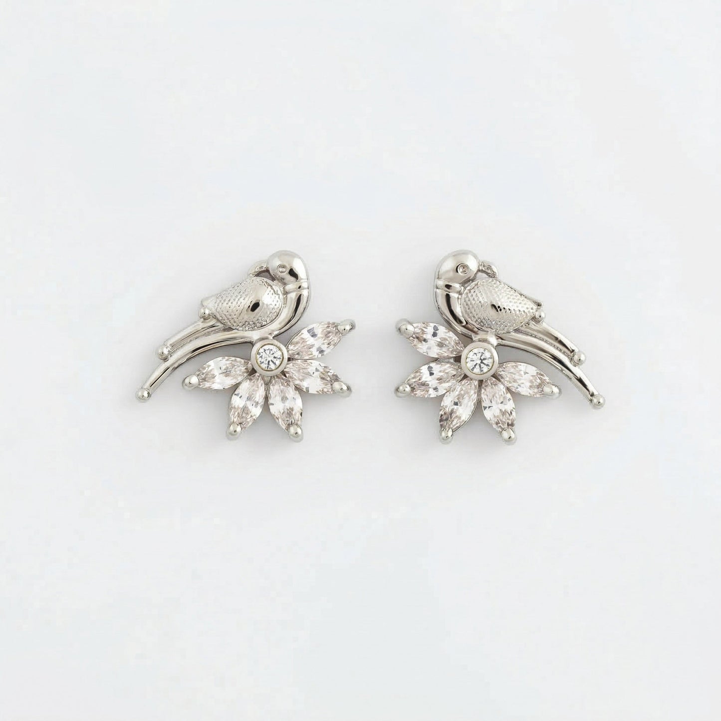 Silver Bird On Marquis Floral Stud Earring