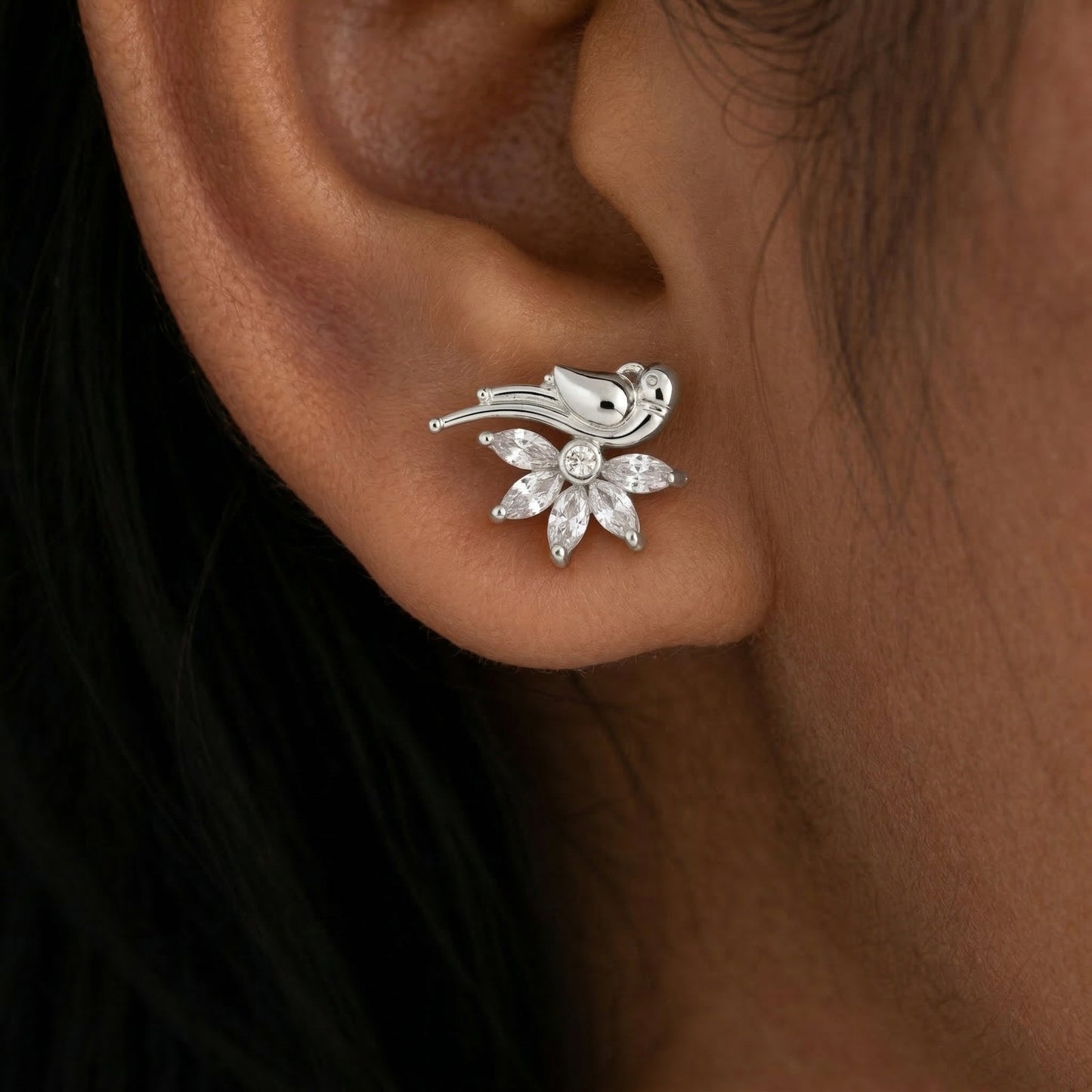 Silver Bird On Marquis Floral Stud Earring