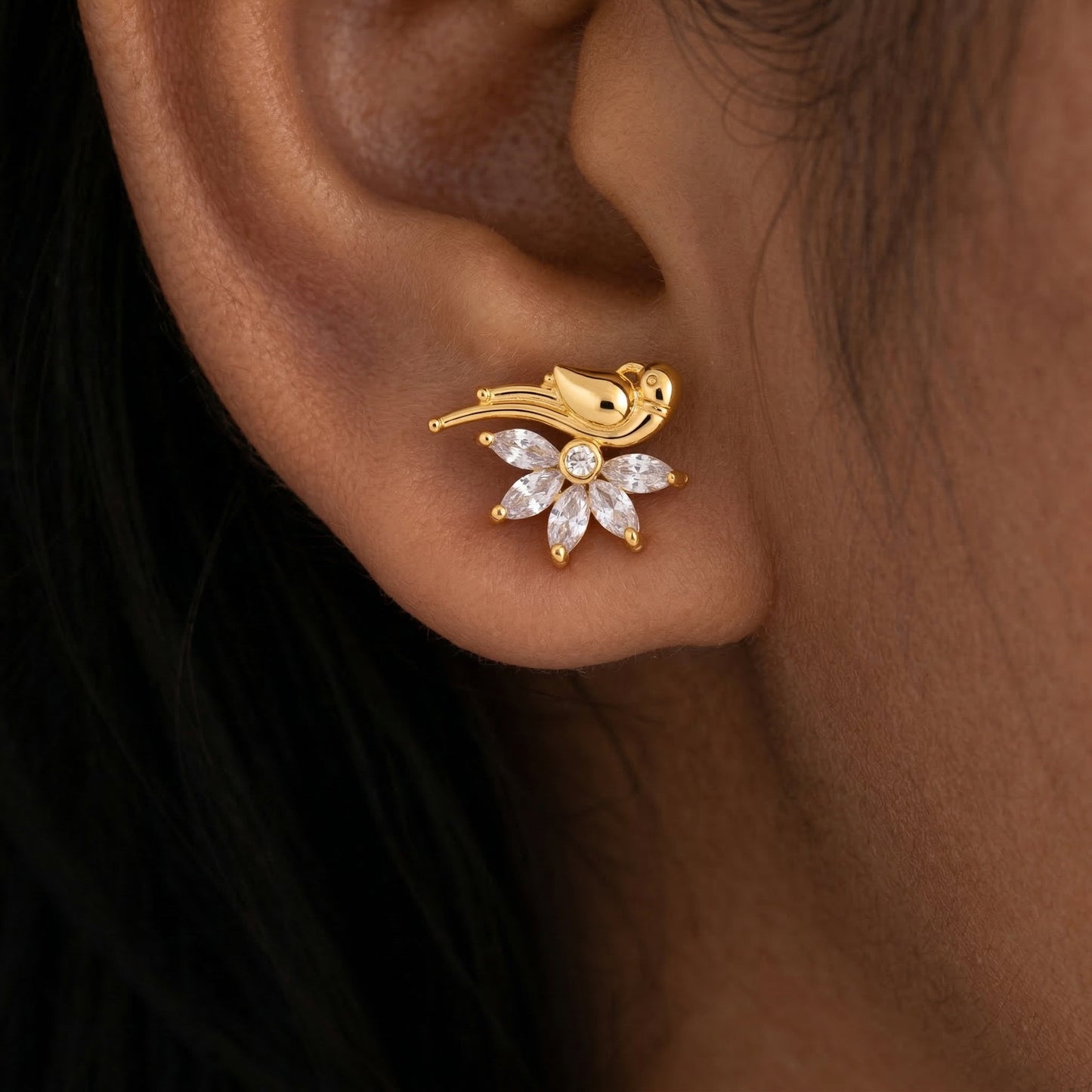 Silver Bird On Marquis Floral Stud Earring