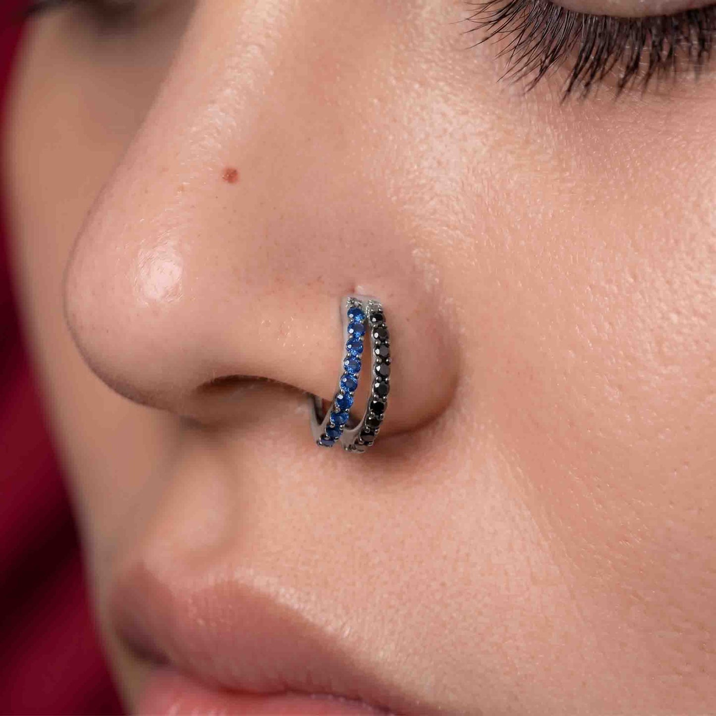 Silver Multi Color  Double Line Stone Set Nosering