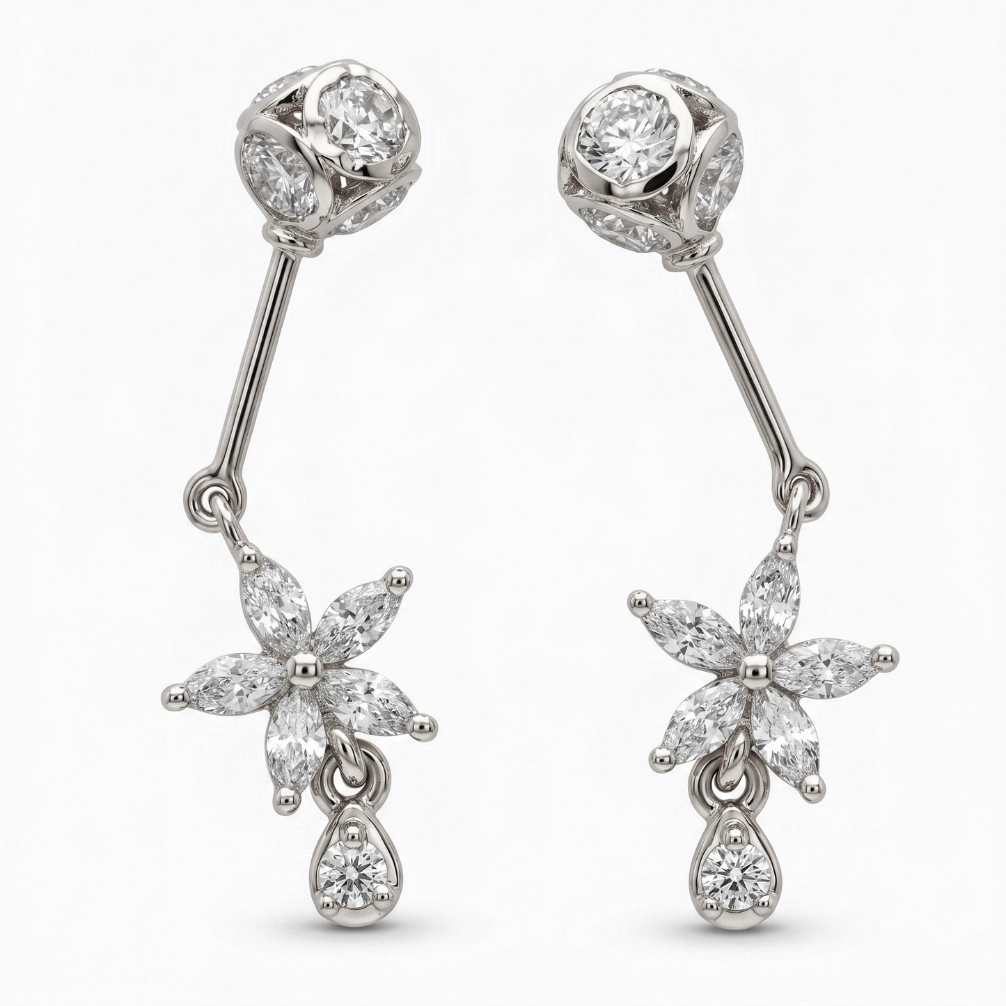 Silver Bugadi 5 Marquis Flower & Drop Stone Ball Top Diamond Design