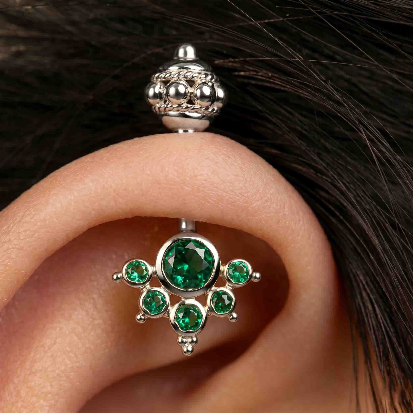 Silver Bugadi 6 Stone Mookuthi Gada Top Emerald Green Design