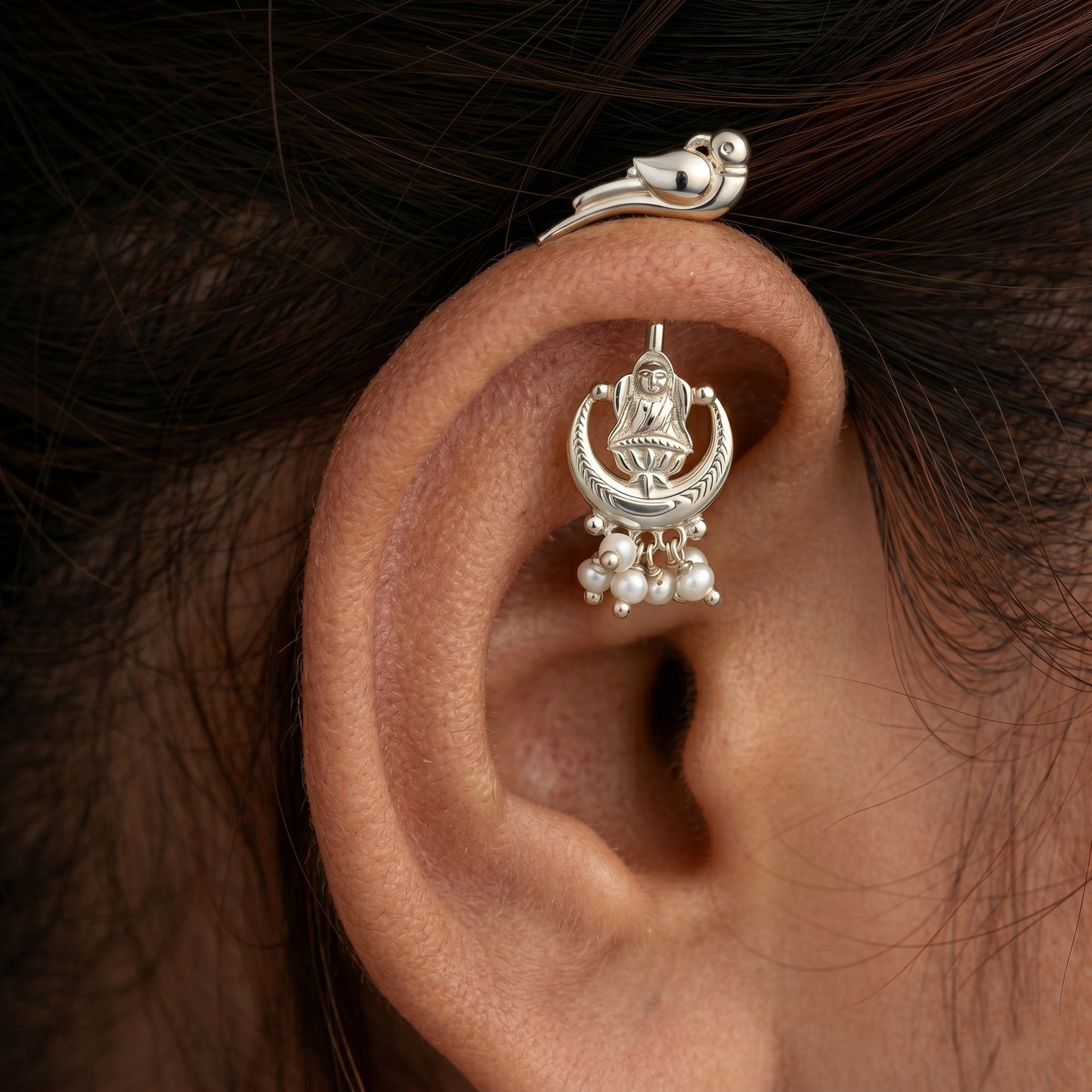 Silver Bugadi Charu Lakshmi Pearl Haning Parrot Top Design