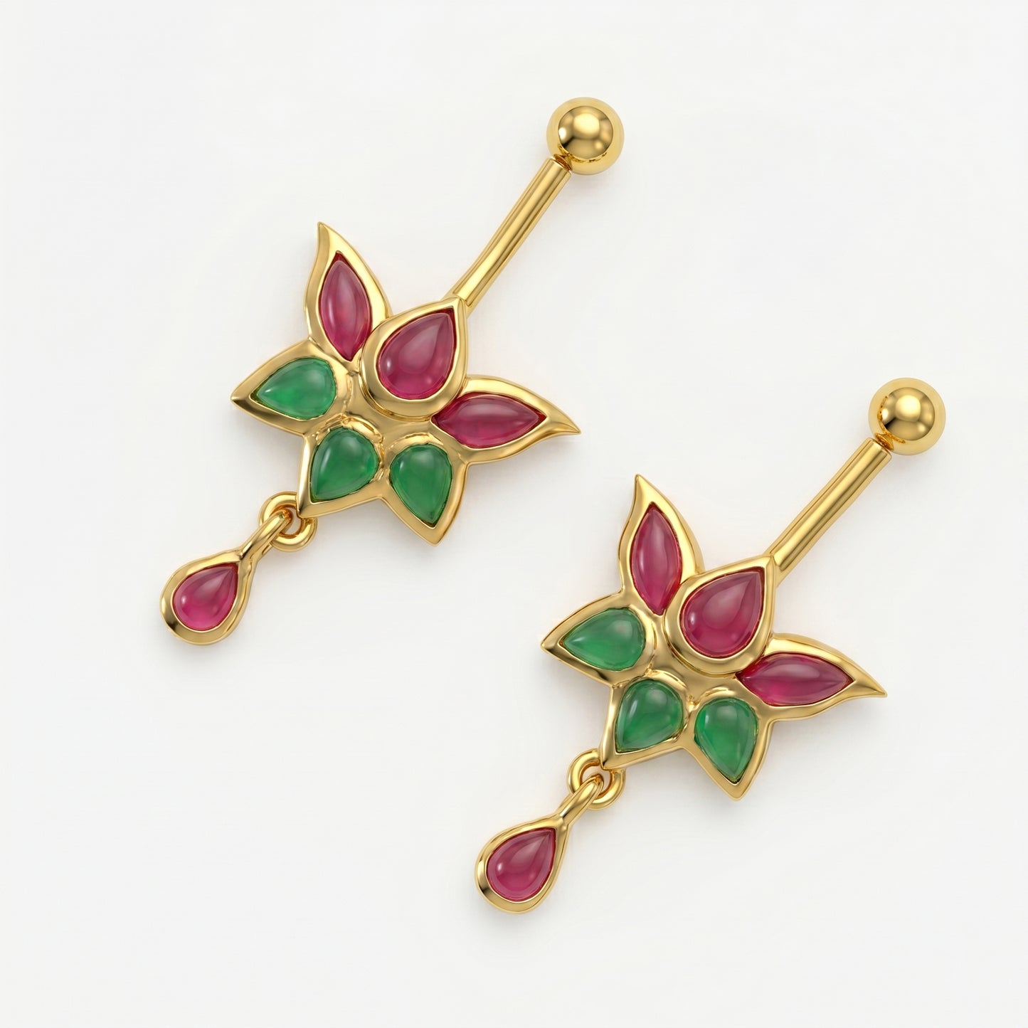 Silver Bugadi Kemp Lotus Ball Top & Drop Gold Ruby Red Emerald Green Design