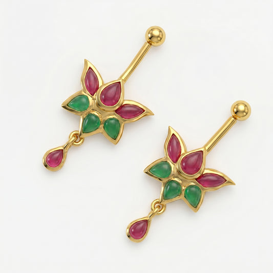 Silver Bugadi Kemp Lotus Ball Top & Drop Gold Ruby Red Emerald Green Design
