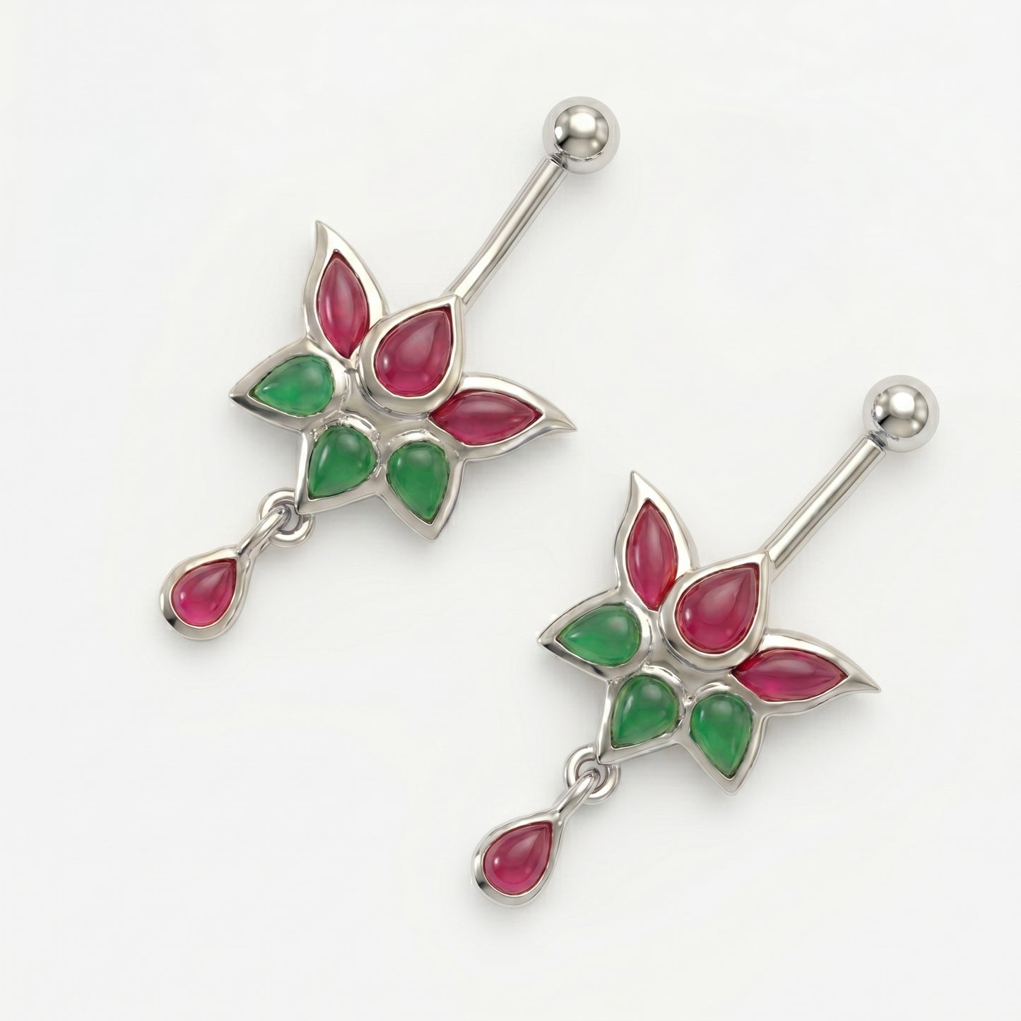 Silver Bugadi Kemp Lotus Ball Top & Drop Gold Ruby Red Emerald Green Design