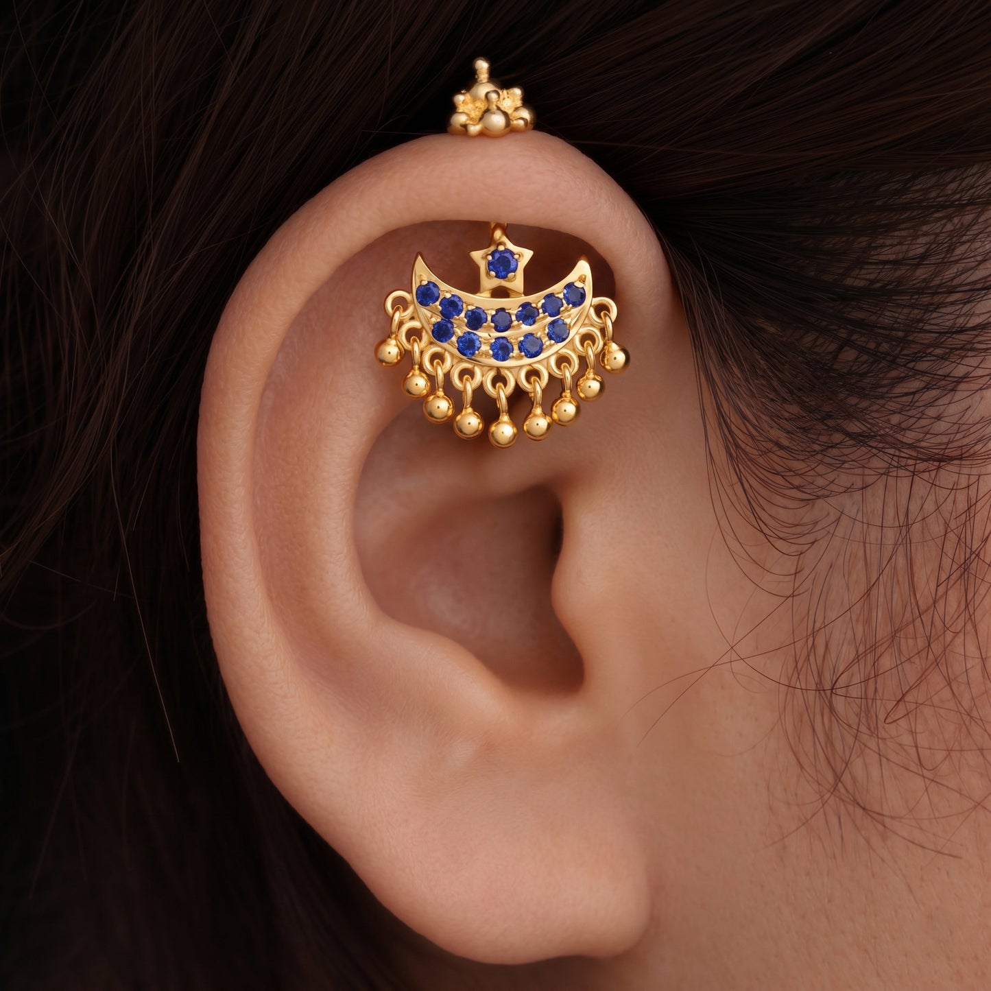 Silver Bugadi Star Moon Stone & Drop Gopuram Top Gold Design