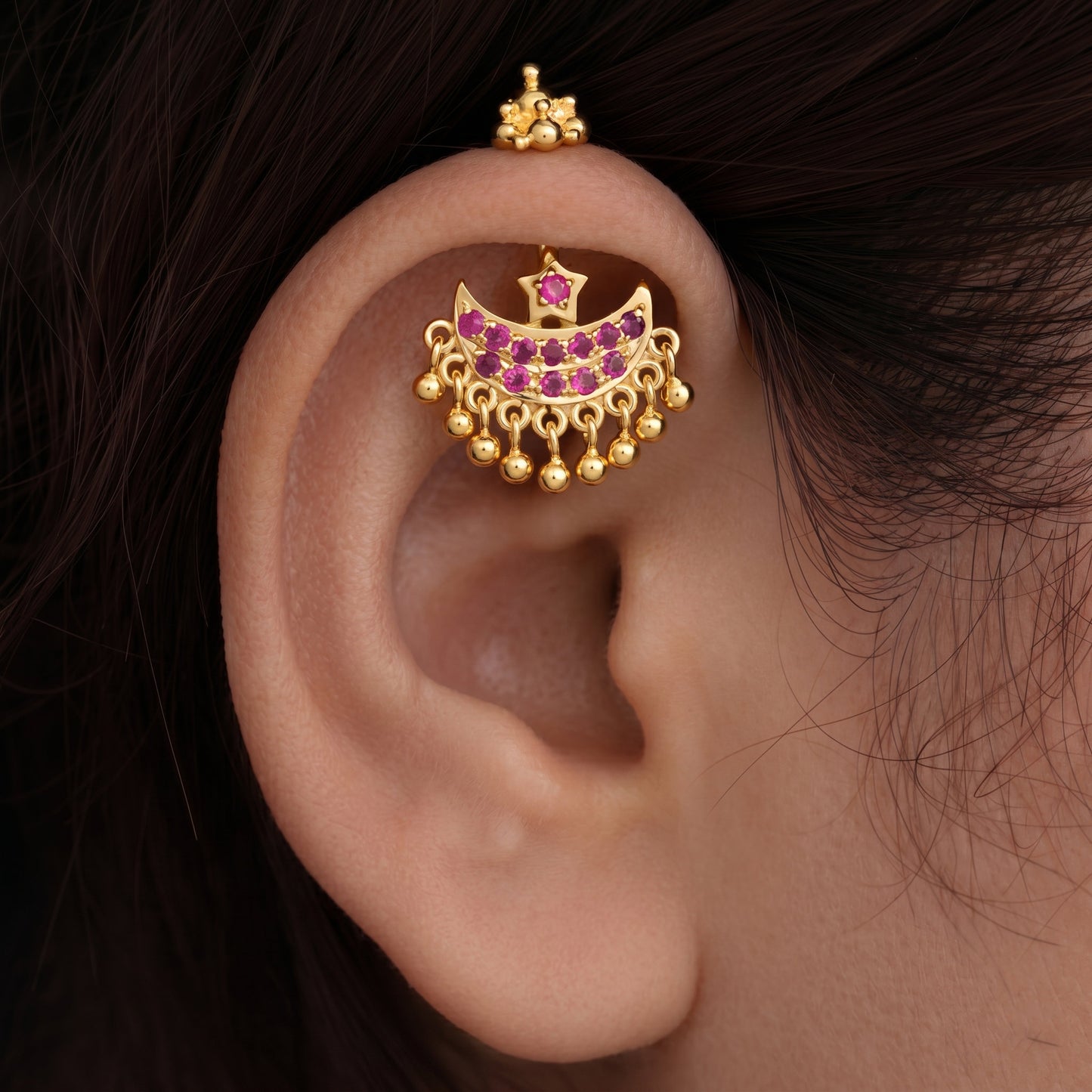 Silver Bugadi Star Moon Stone & Drop Gopuram Top Gold Design