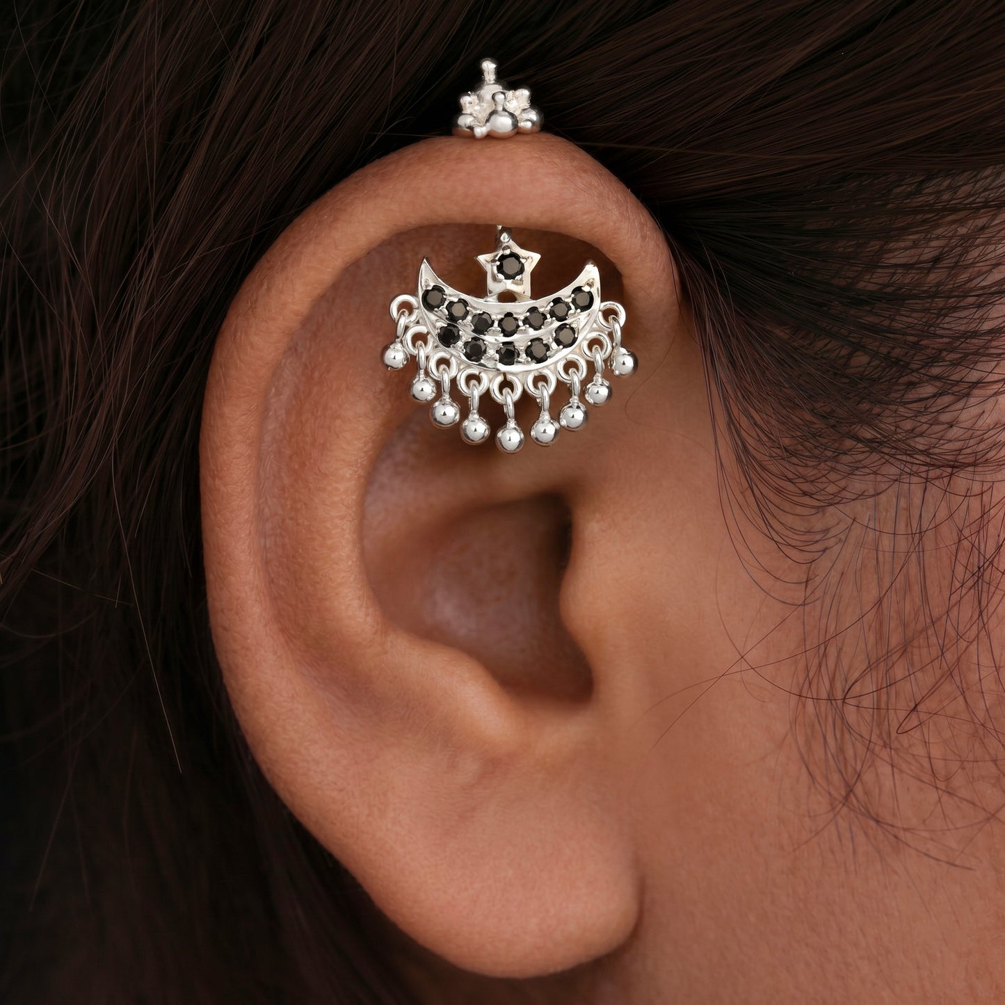 Silver Bugadi Star Moon Stone & Drop Gopuram Top Gold Design