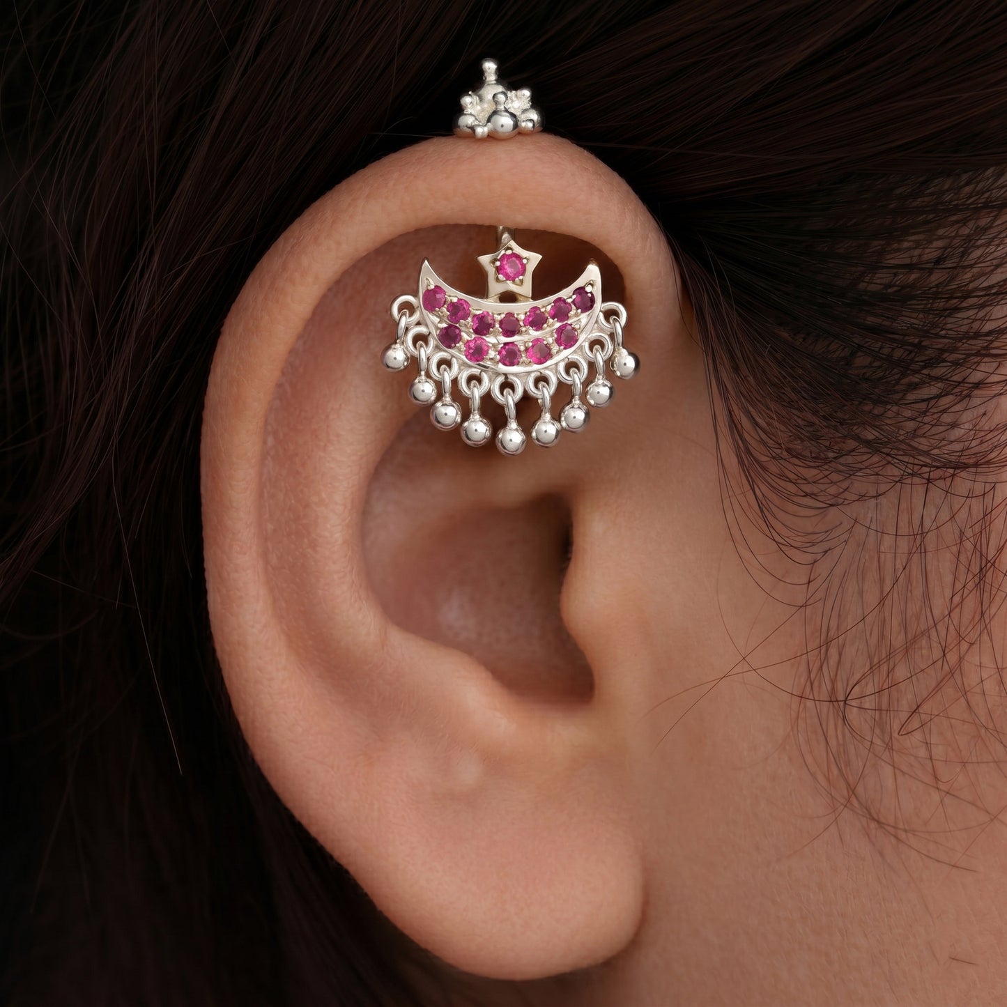 Silver Bugadi Star Moon Stone & Drop Gopuram Top Gold Design