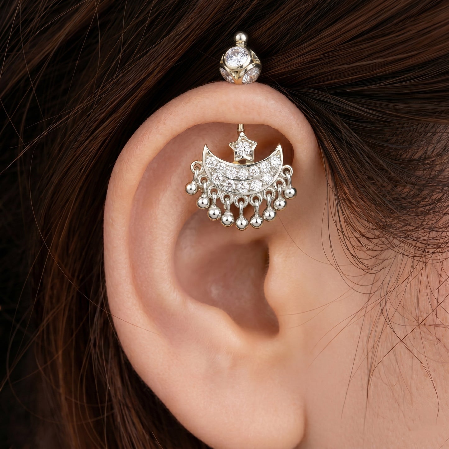 Silver Bugadi Star Moon Stone & Drop Stone Ball Bead Top Gold Design