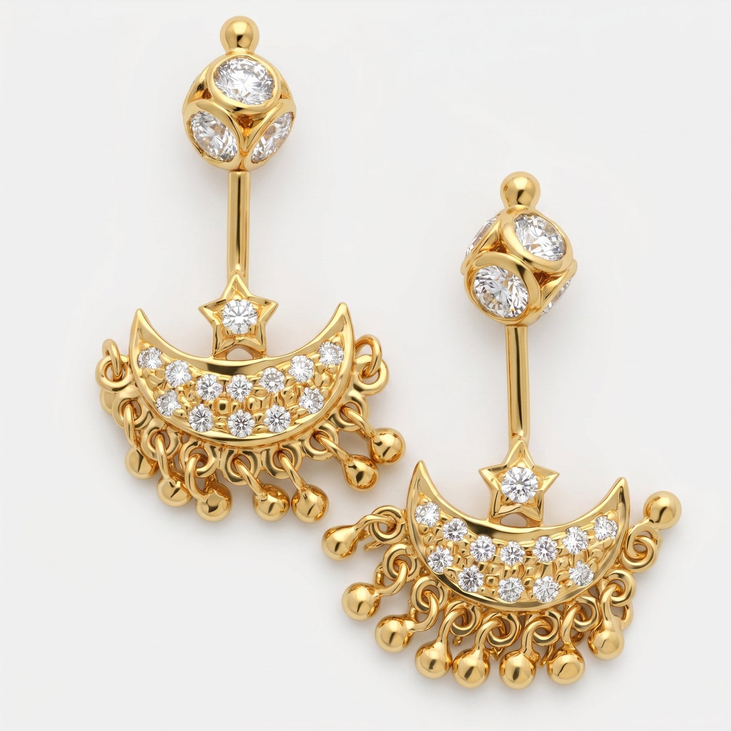 Silver Bugadi Star Moon Stone & Drop Stone Ball Bead Top Gold Design