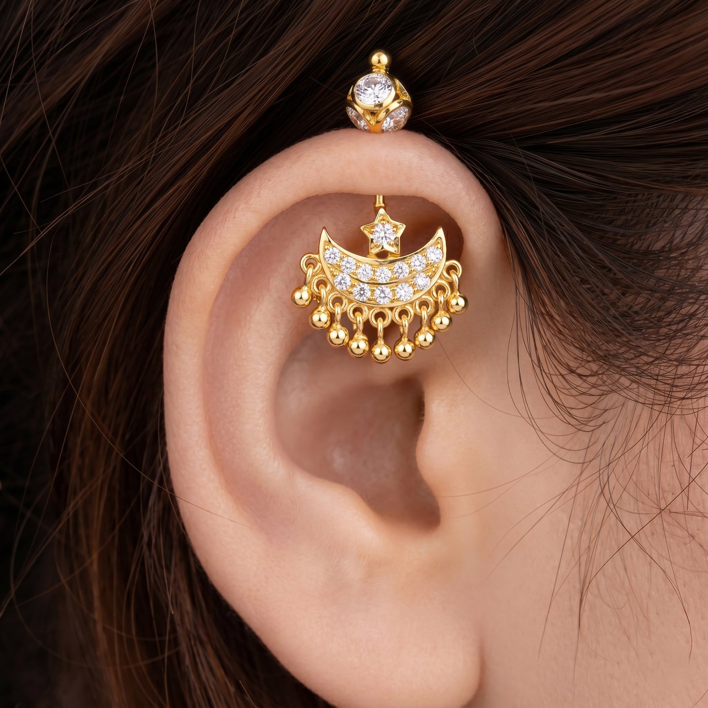 Silver Bugadi Star Moon Stone & Drop Stone Ball Bead Top Gold Design