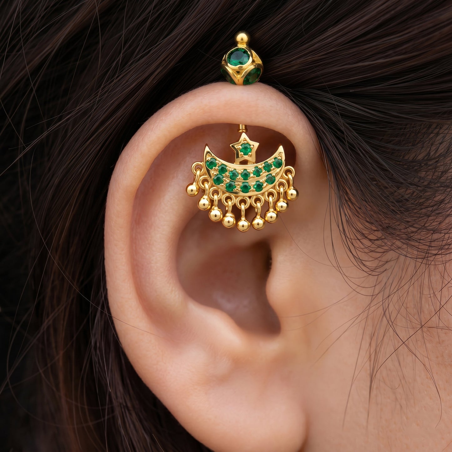 Silver Bugadi Star Moon Stone & Drop Stone Ball Bead Top Gold Design