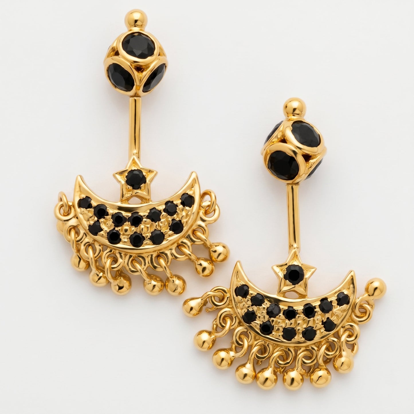 Silver Bugadi Star Moon Stone & Drop Stone Ball Bead Top Gold Design