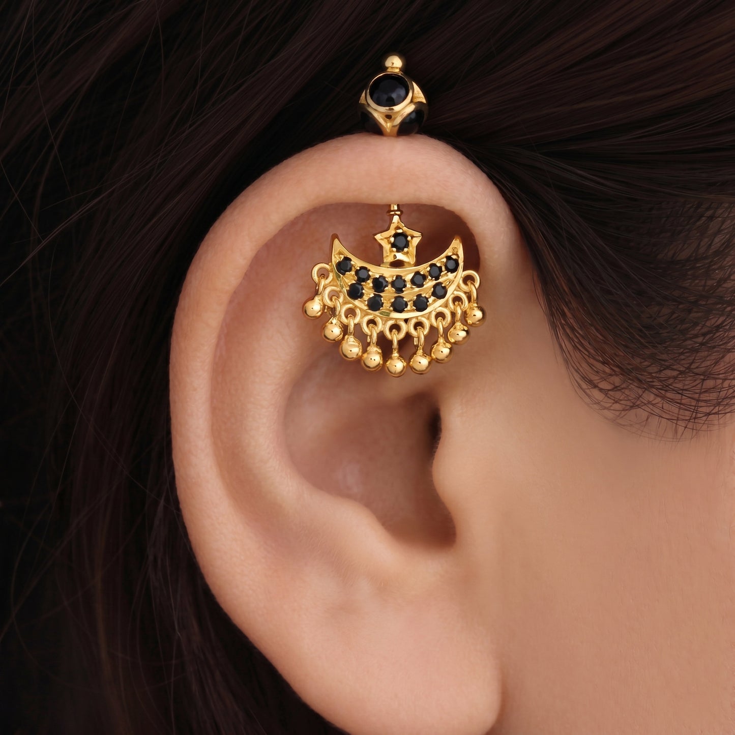 Silver Bugadi Star Moon Stone & Drop Stone Ball Bead Top Gold Design