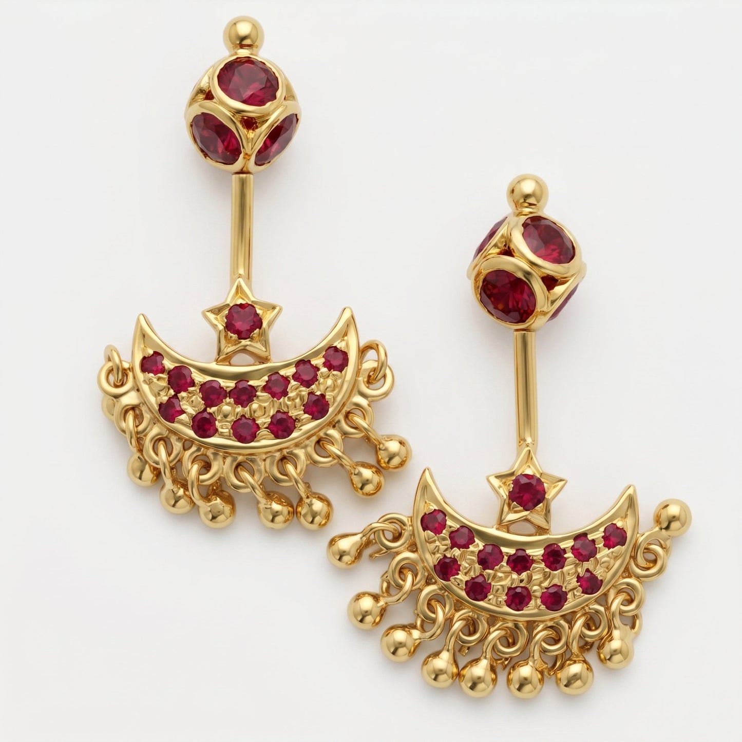 Silver Bugadi Star Moon Stone & Drop Stone Ball Bead Top Gold Design